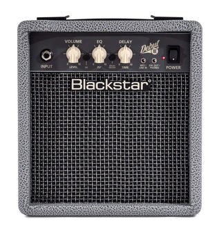 Blackstar amplifier with a textured gray border, black grille, four control knobs on top, labeled input, volume, EQ, delay, and power button.