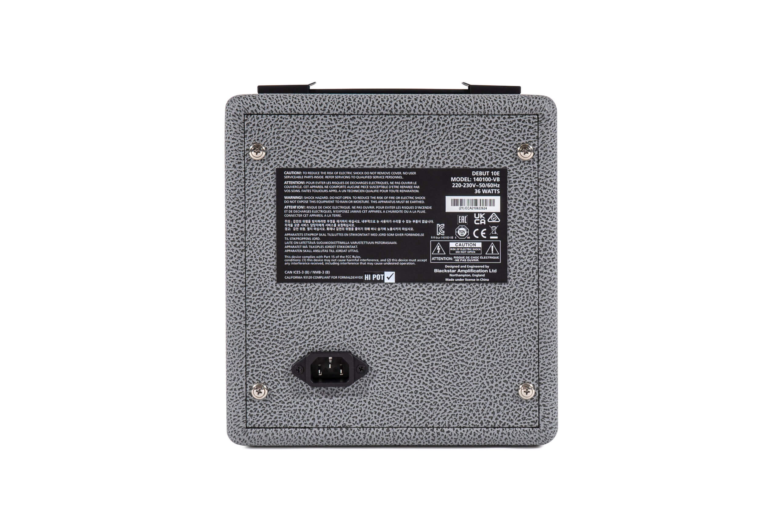 Gray textured amplifier rear panel with a rectangular label listing safety, model, and power info, and a power cable socket below the label.