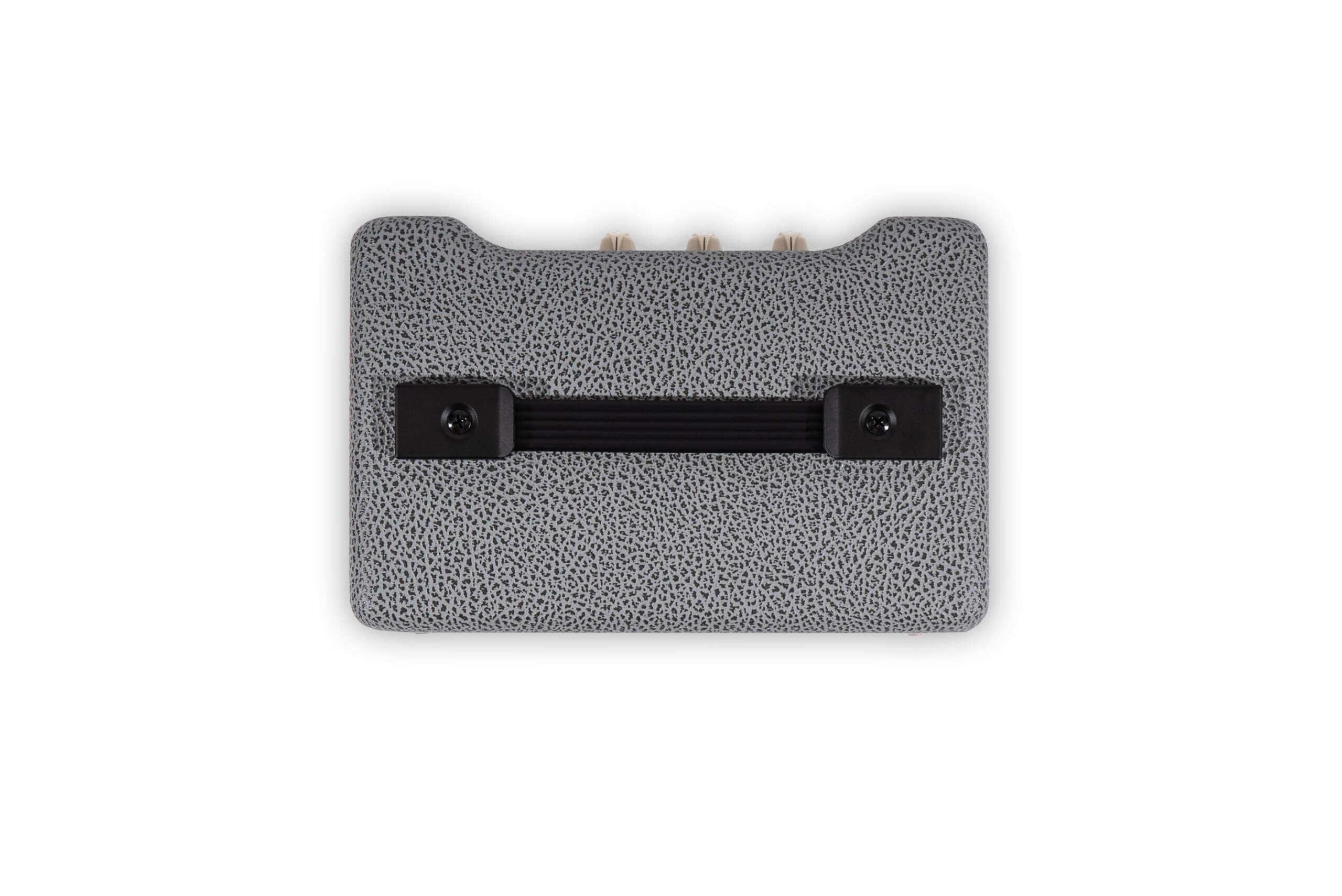 Gray amplifier top with a textured surface, centered black handle, and three beige control knobs partially visible at the back edge.