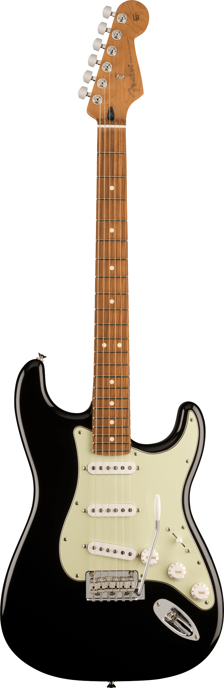 Black electric guitar with a light wood neck, white pickguard, three single-coil pickups, and a white whammy bar. Classic Stratocaster style.