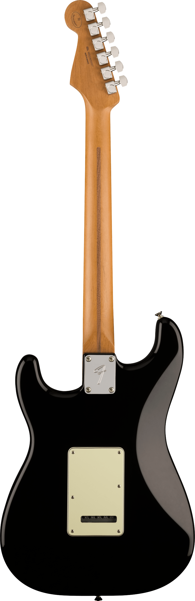 Black electric guitar seen from the back, light wood neck with a darker stripe, six metal tuning pegs, and a cream-colored backplate on the body.
