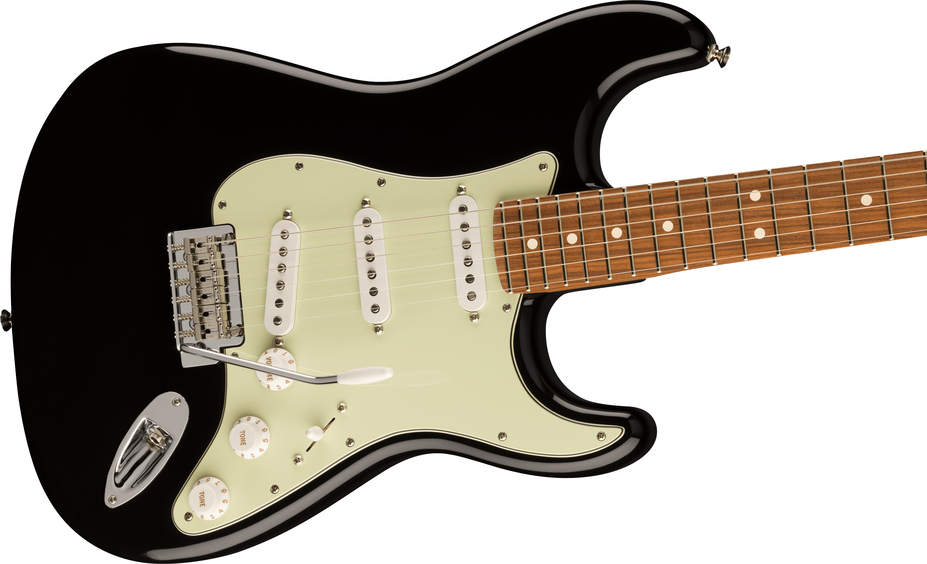 Black electric guitar with a white pickguard, three single-coil pickups, five control knobs, and a brown fretboard featuring dot inlays.