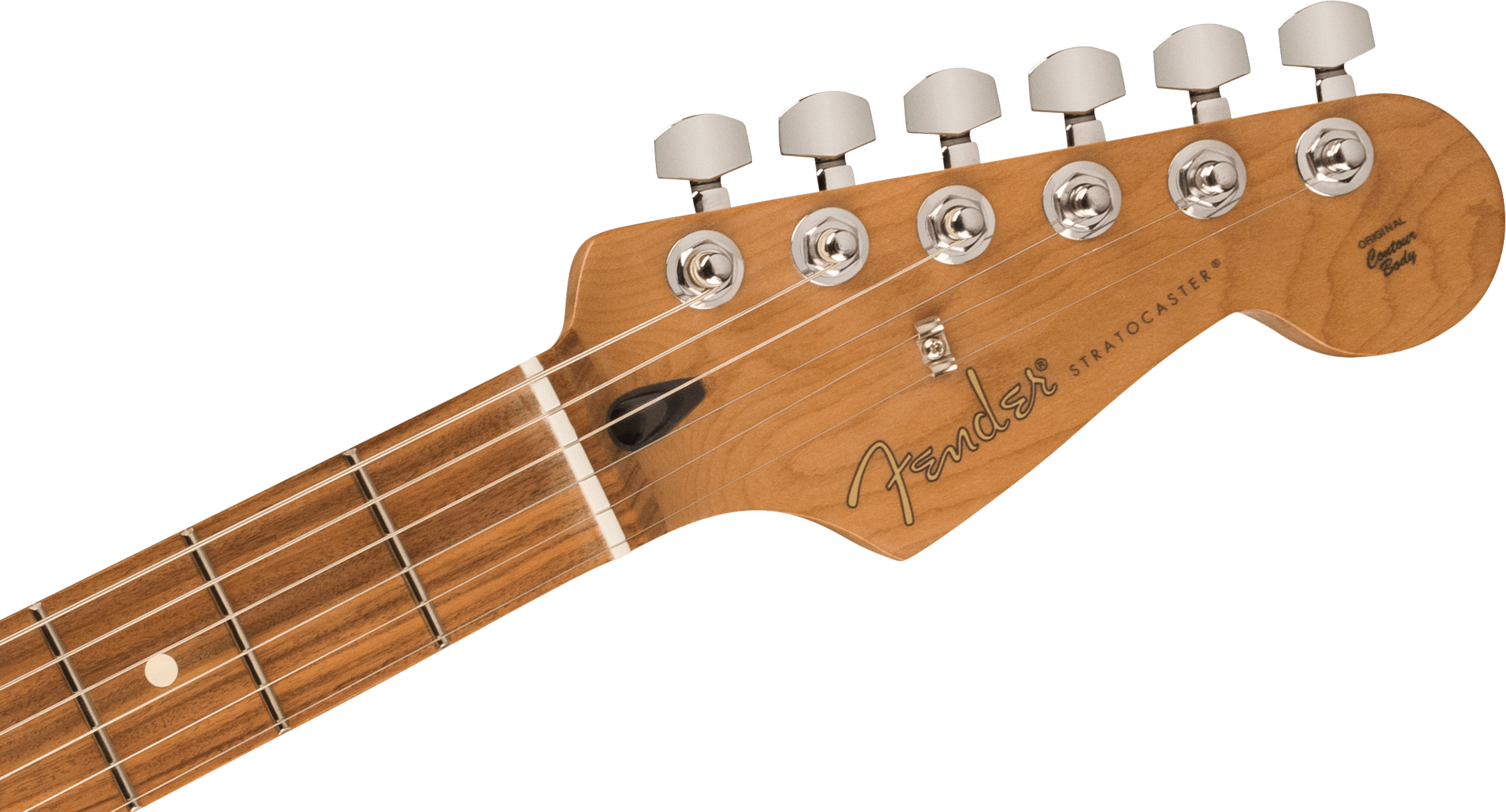 The headstock of a Fender Stratocaster electric guitar with six tuning pegs and the Fender logo on light-colored wood.