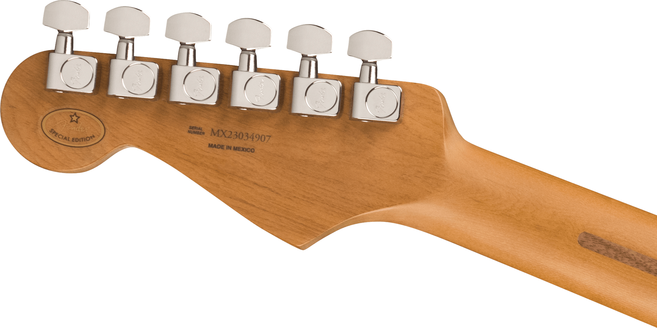 Six chrome tuning pegs line the headstock of a Fender electric guitar made in Mexico, with “Special Edition” label and visible serial number.