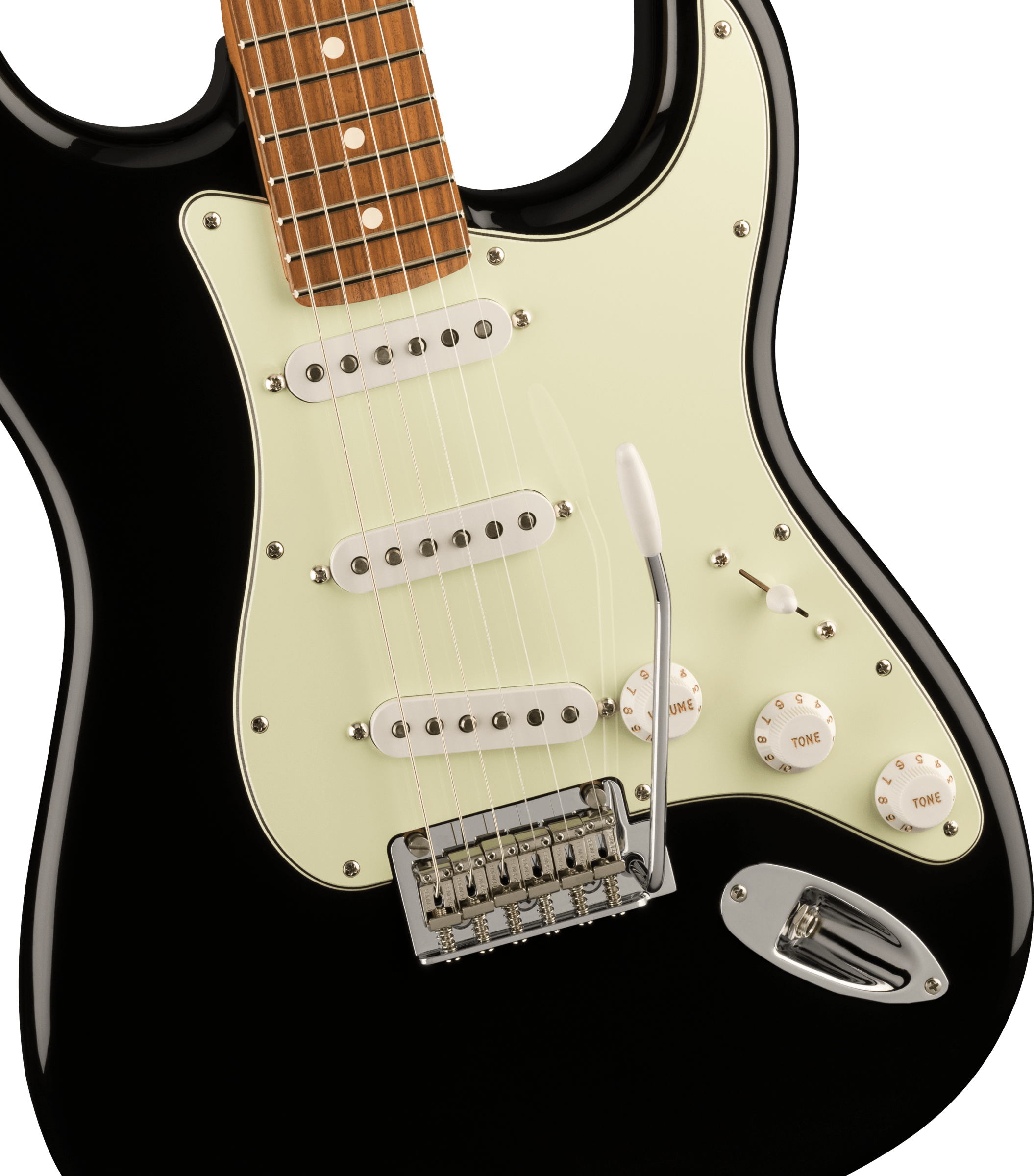 Black electric guitar with a white pickguard, three single-coil pickups, three control knobs, a tremolo bar, and a rosewood fretboard.