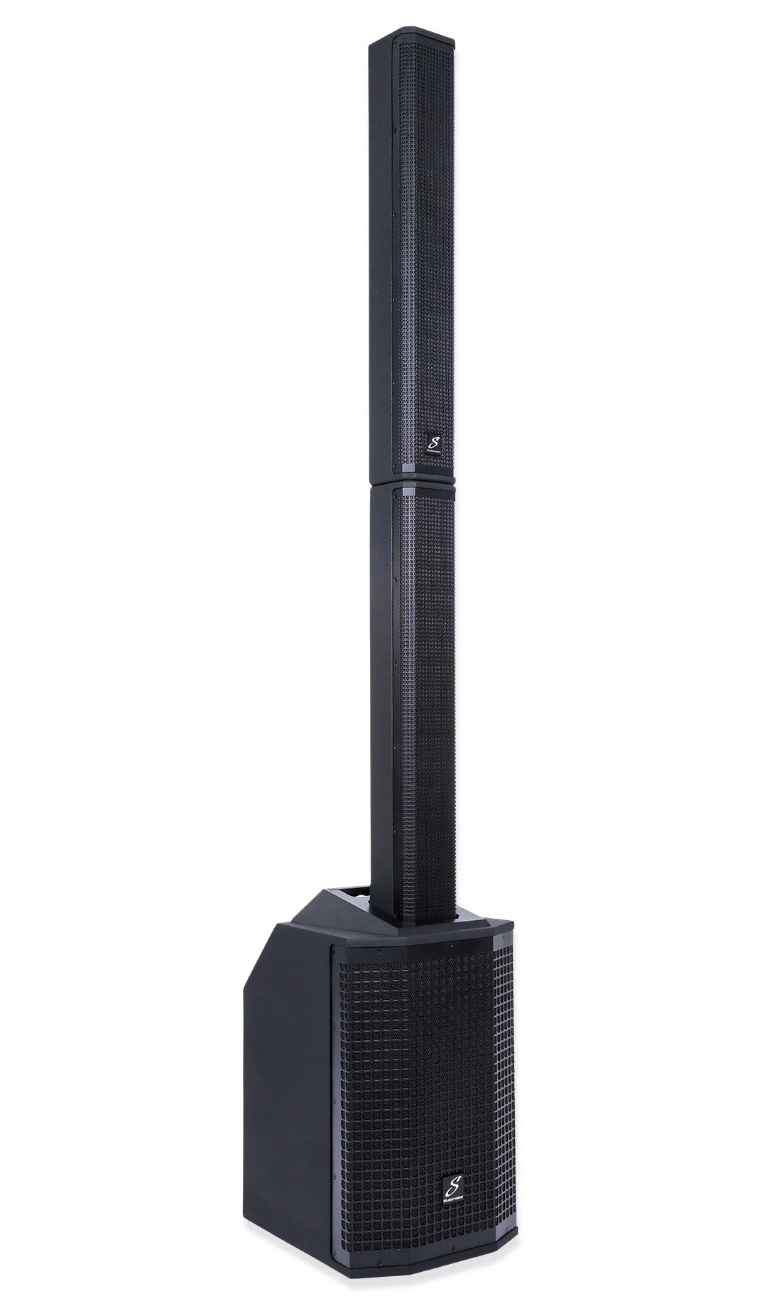 Tall, black PA speaker system with a rectangular vertical column on top of a larger box-shaped base, both featuring front metal grilles.