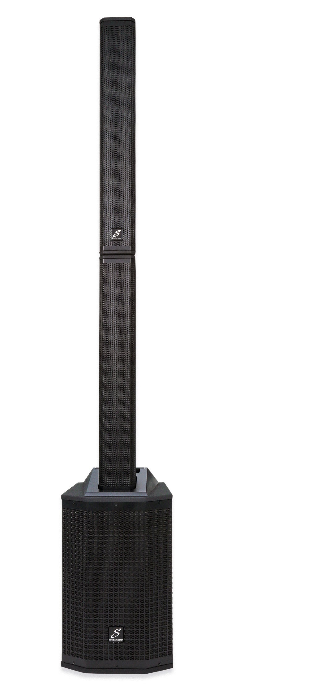 Black PA equipment with a tall, rectangular speaker column mounted on a larger subwoofer base, both with metal grilles and matching logos.