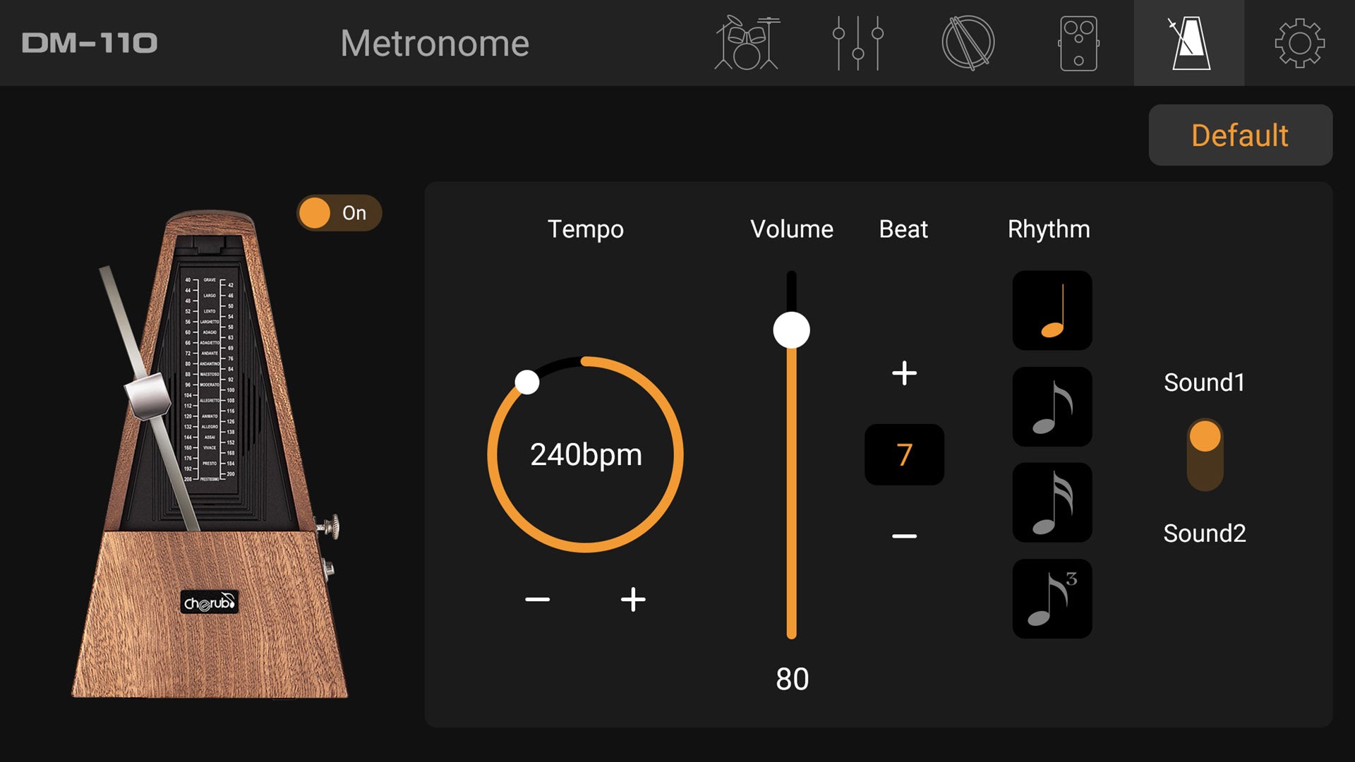 Metronome screen for electronic drums, set to 240 bpm, volume 80, beat 7, rhythm and sound options visible, metronome pictured left.