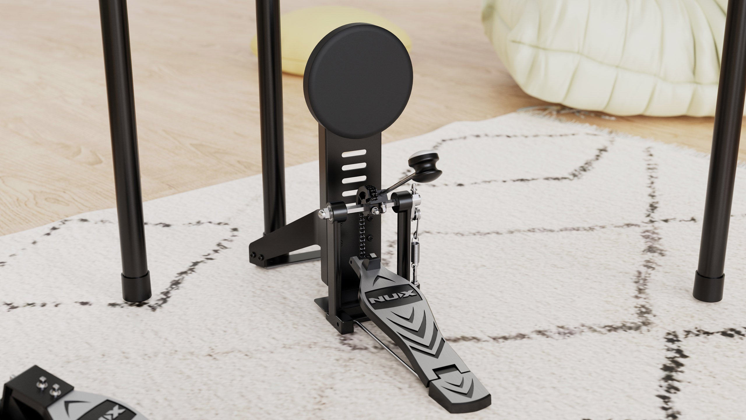 Electronic drum kit kick pedal labeled "NUX" attached to a round black trigger pad, set on a light-patterned rug.