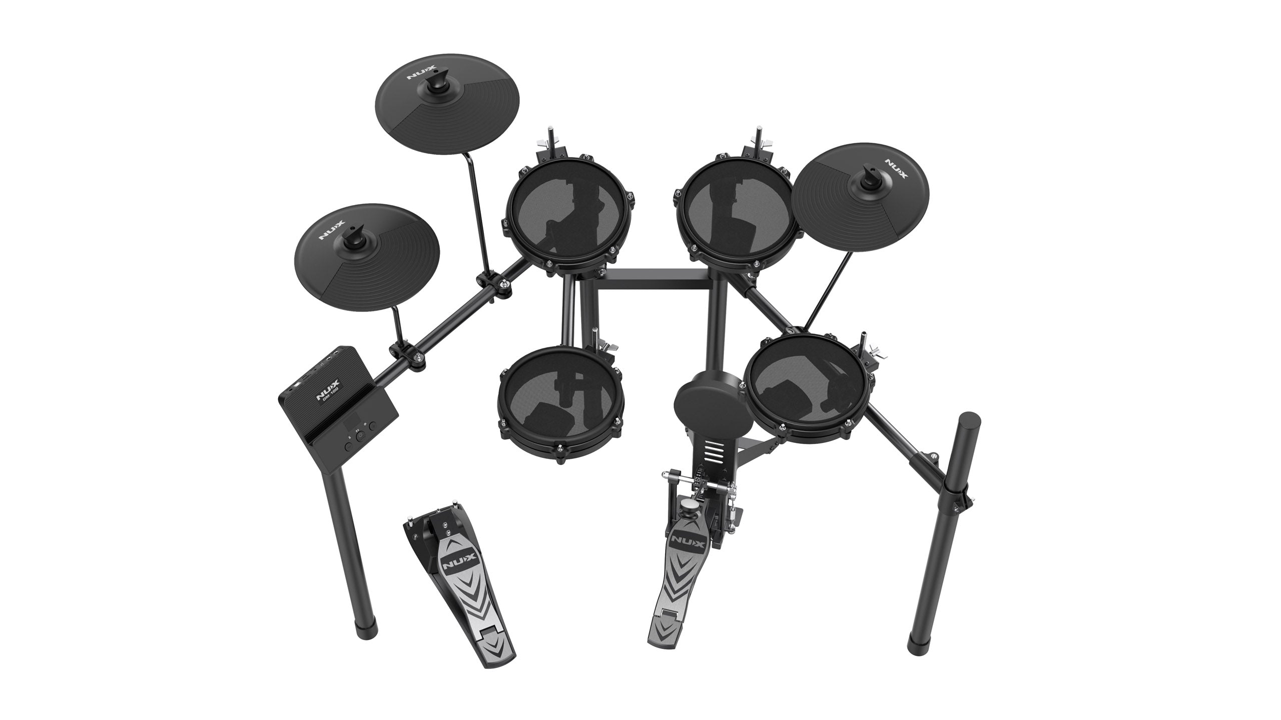 Electronic drum kit with four mesh drum pads, three cymbal pads, two foot pedals, control module, and sturdy metal frame.
