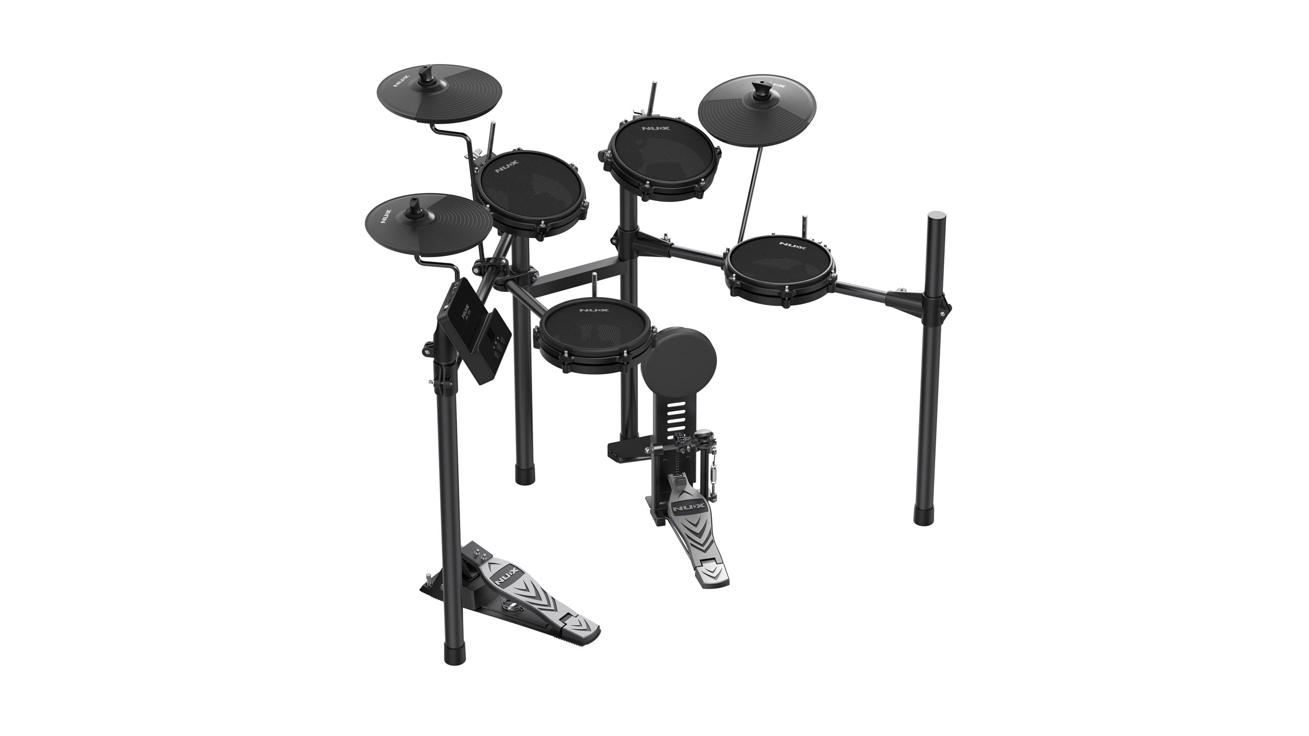 Black electronic drum kit with five mesh drum pads, three cymbal pads, two foot pedals, all mounted on a metal frame.