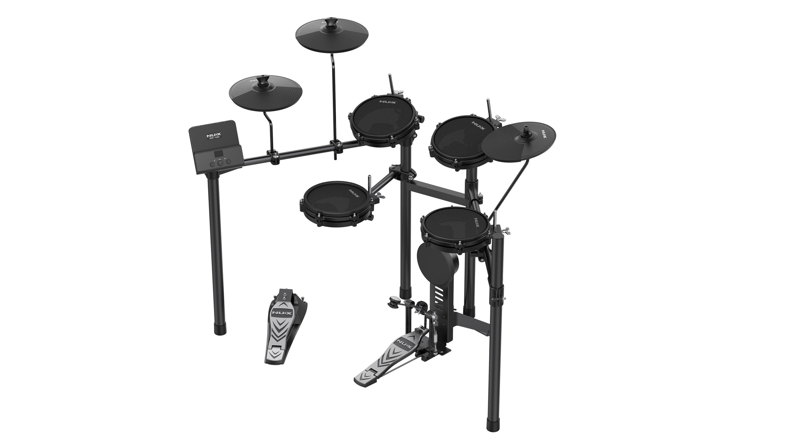 Black electronic drum kit with four drum pads, three cymbal pads, two foot pedals, and a control module mounted on a sturdy metal frame.