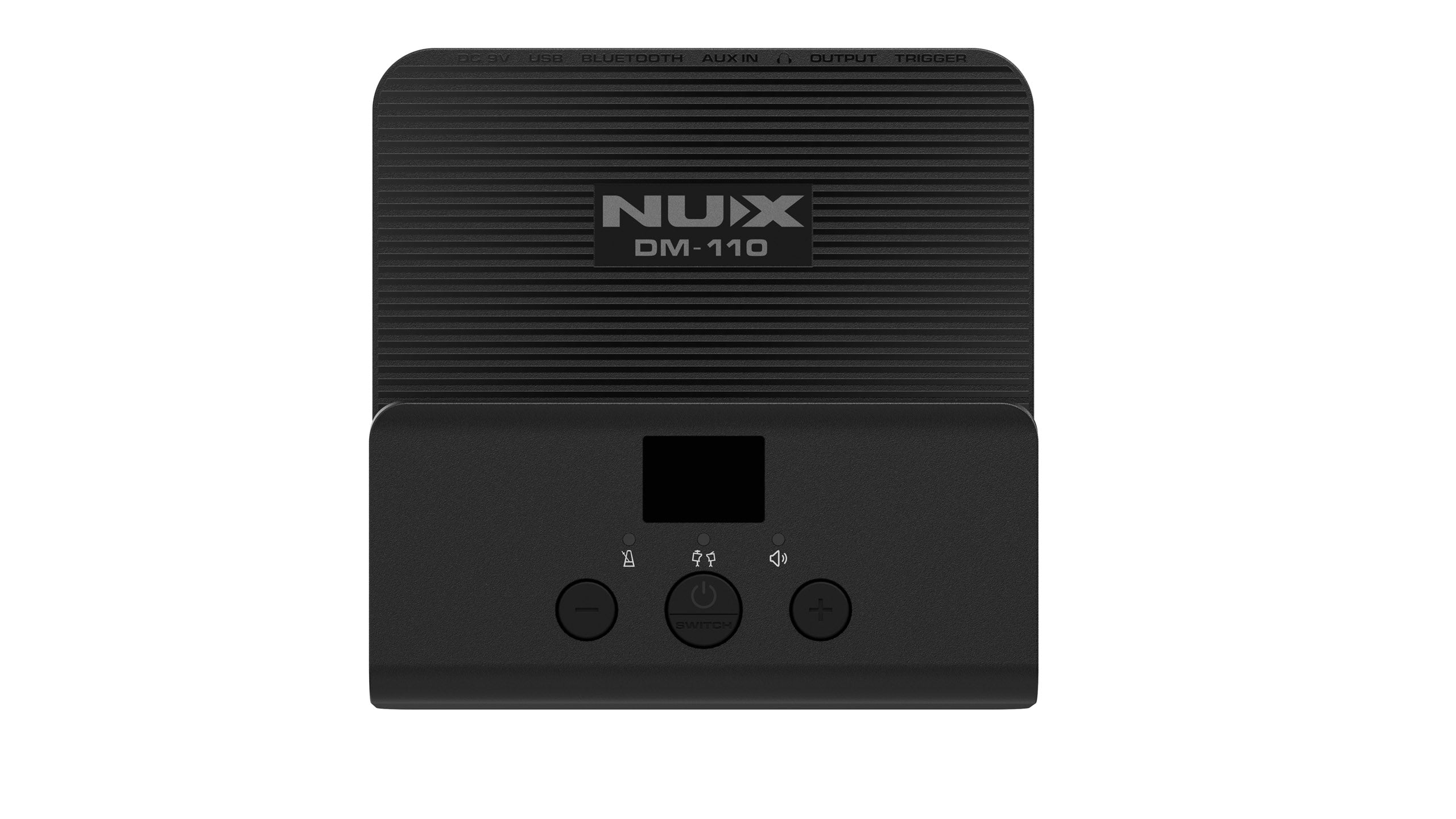 NUX DM-110 electronic drum module, black, with a small display and four round buttons for power, volume, and function selection.