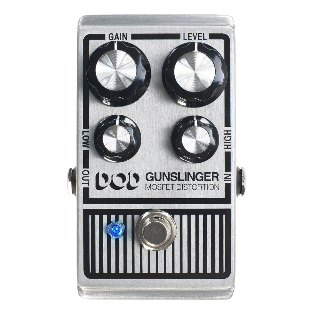 Silver effects pedal with four black knobs labeled Gain, Level, Low, and High, blue LED light, and a round footswitch labeled Gunslinger.