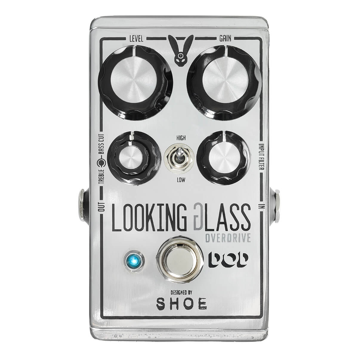 Silver DOD Looking Glass Overdrive effects pedal with four knobs, a toggle switch, footswitch, and a small blue indicator light.