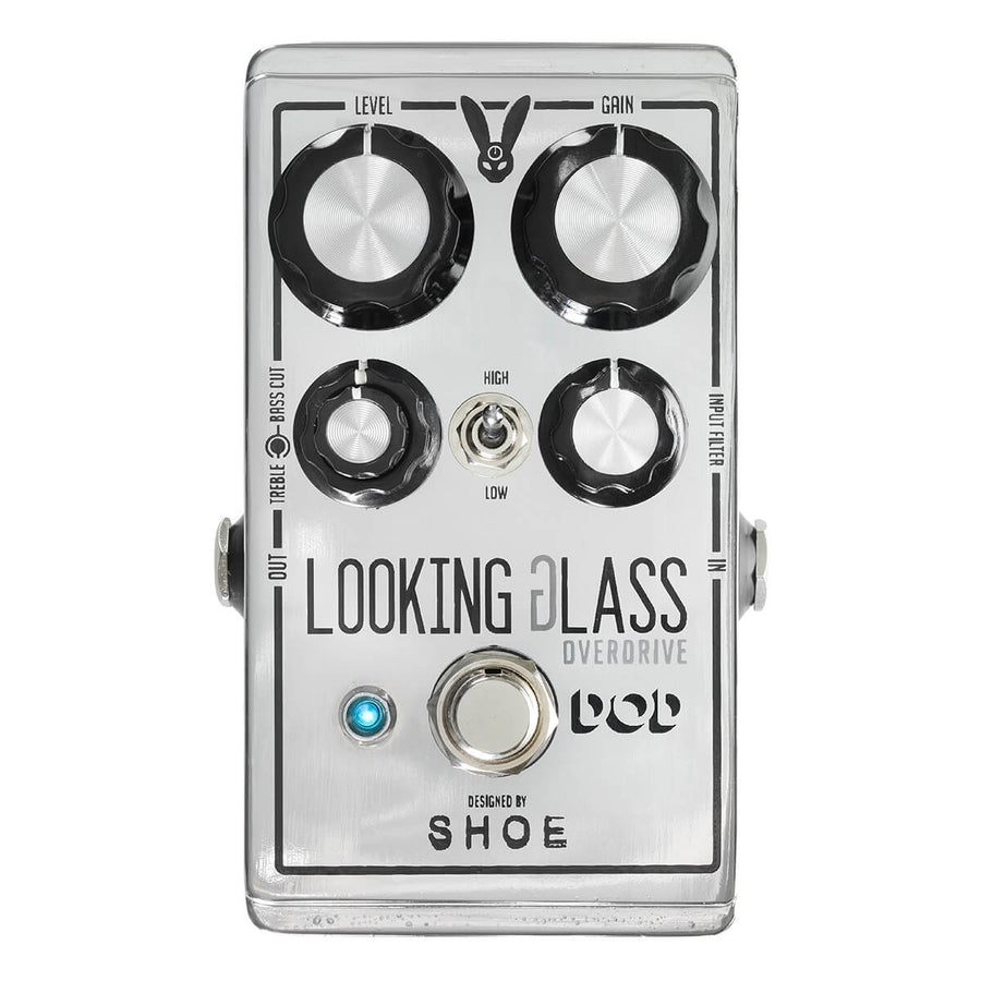 Silver DOD Looking Glass Overdrive effects pedal with four knobs, a toggle switch, footswitch, and a small blue indicator light.