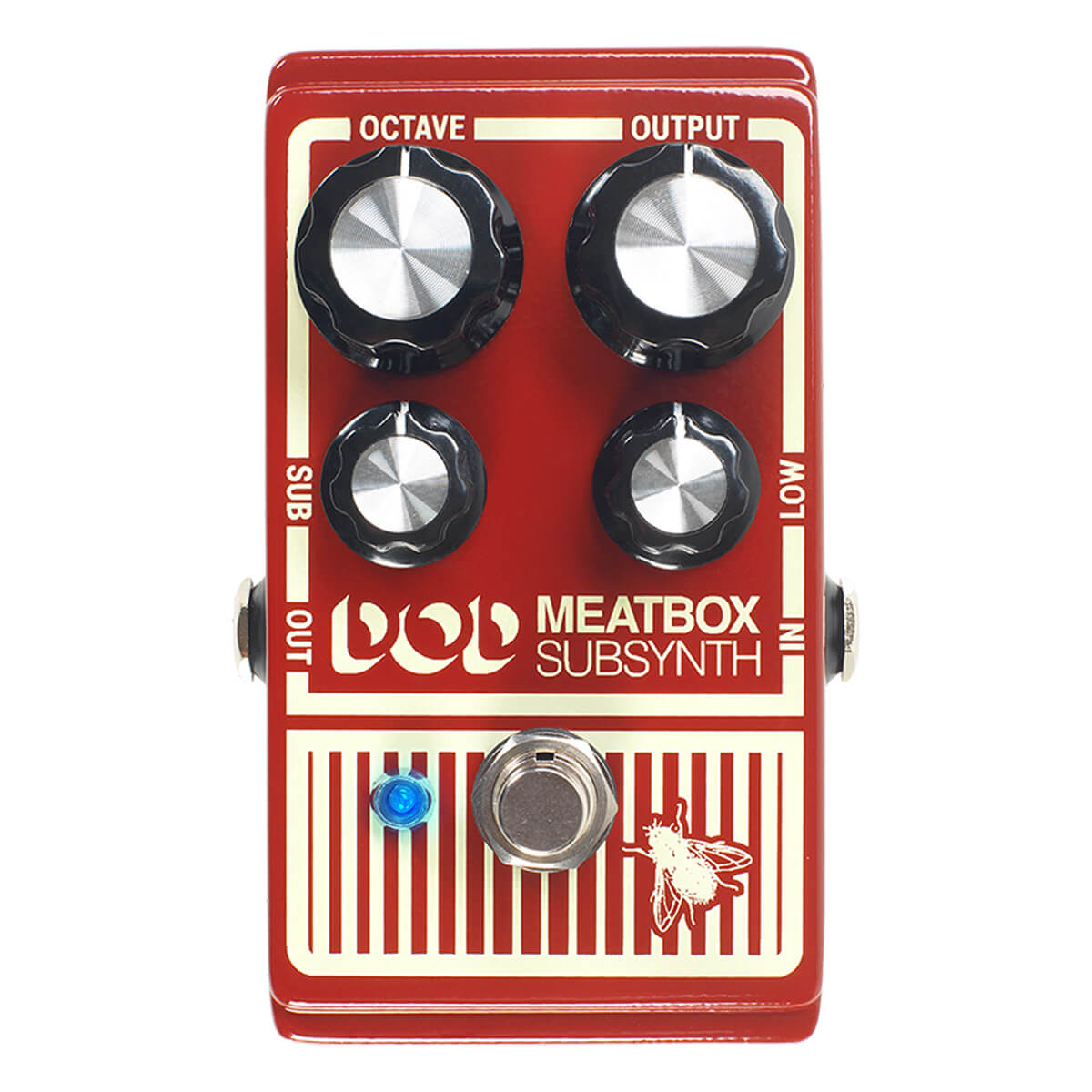 Red effects pedal labeled "DOD Meatbox Subsynth" with four silver knobs, a footswitch, and a blue LED. White fly graphic near the bottom.