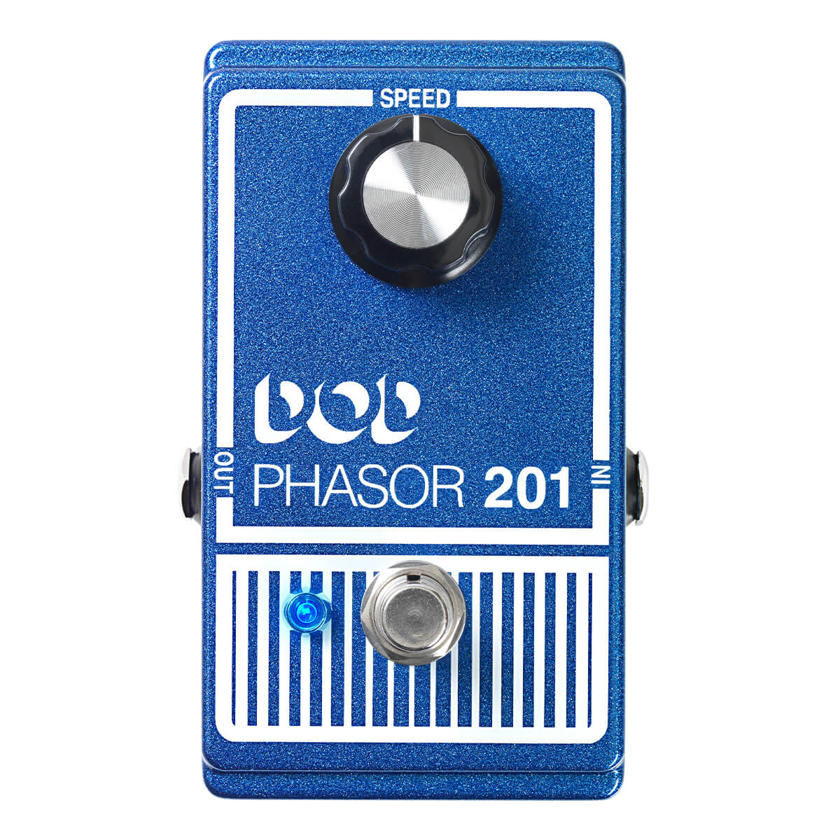 Blue DOD Phasor 201 effects pedal with one large speed knob, a footswitch, and a blue LED indicator. Input and output jacks on the sides.