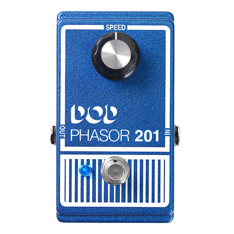 Blue DOD Phasor 201 effects pedal with one large speed knob, a footswitch, and a blue LED indicator. Input and output jacks on the sides.