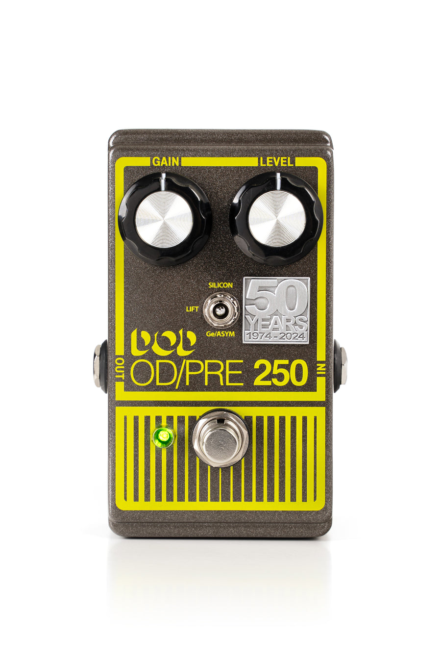DOD OD/PRE 250 FX pedal with two large knobs labeled Gain and Level, toggle switch, footswitch, green LED, and "50 Years 1974-2024" badge.