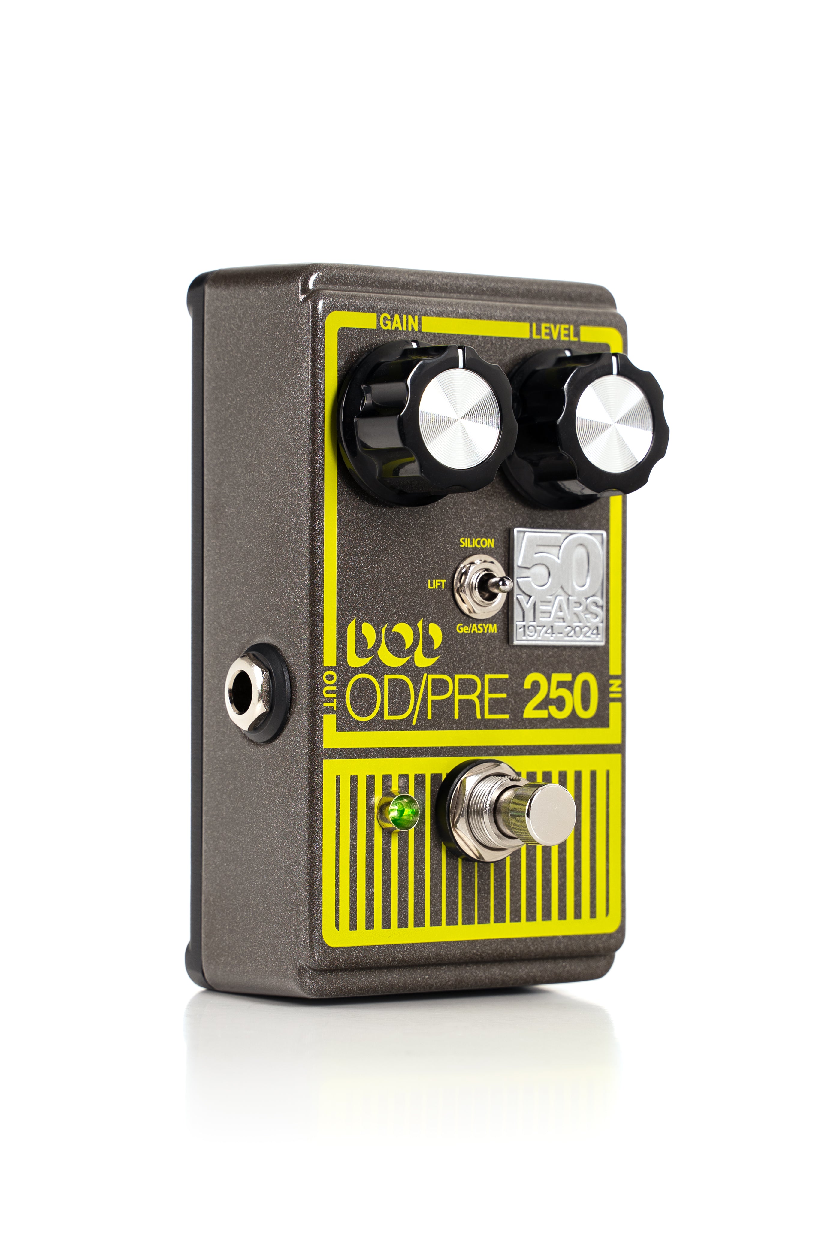Guitar FX pedal with two large knobs, a metal footswitch, toggle switch, and yellow graphics stating DOD OD/PRE 250 with a 50th anniversary badge.