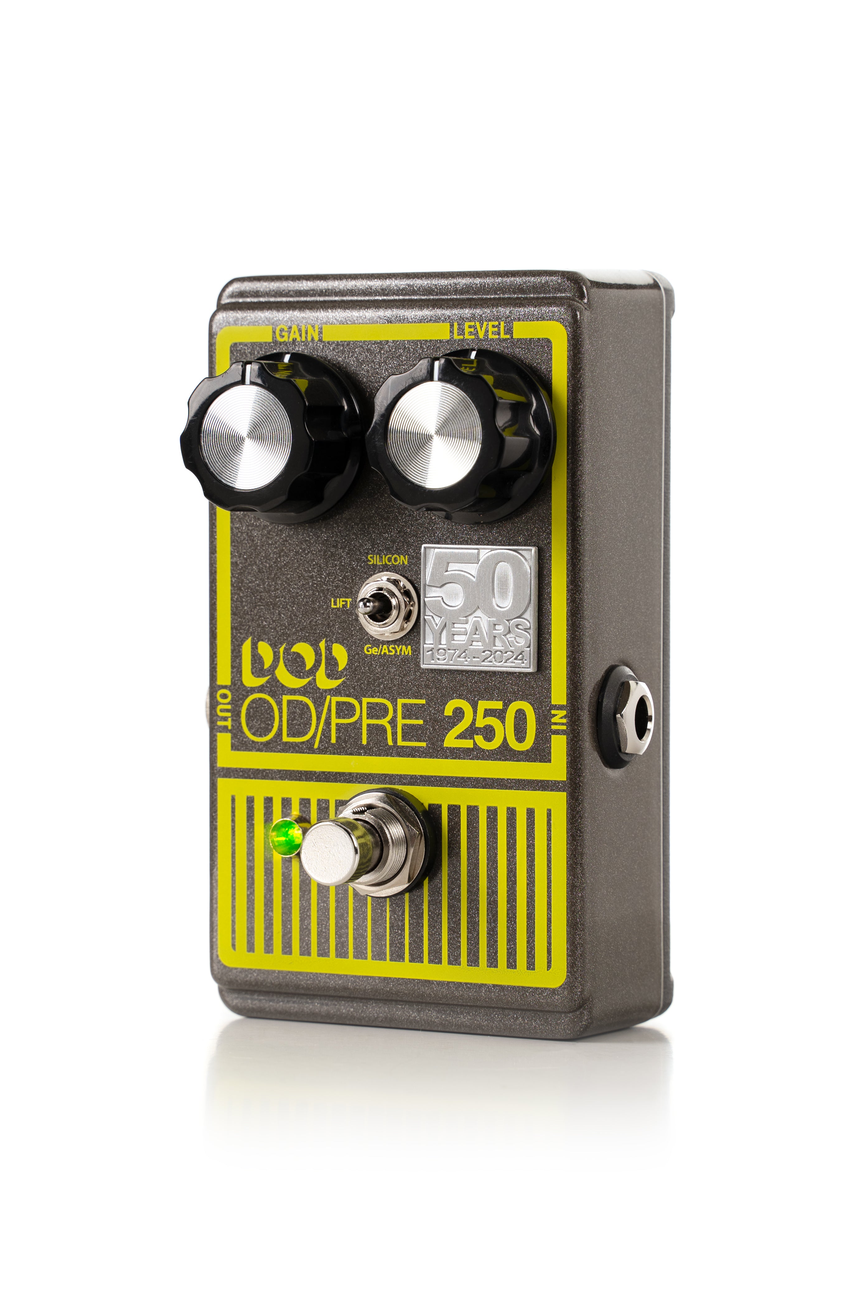 Gray DOD OD/Preamp 250 FX pedal with two large black knobs, a toggle switch, 50th anniversary badge, footswitch, and yellow accents.