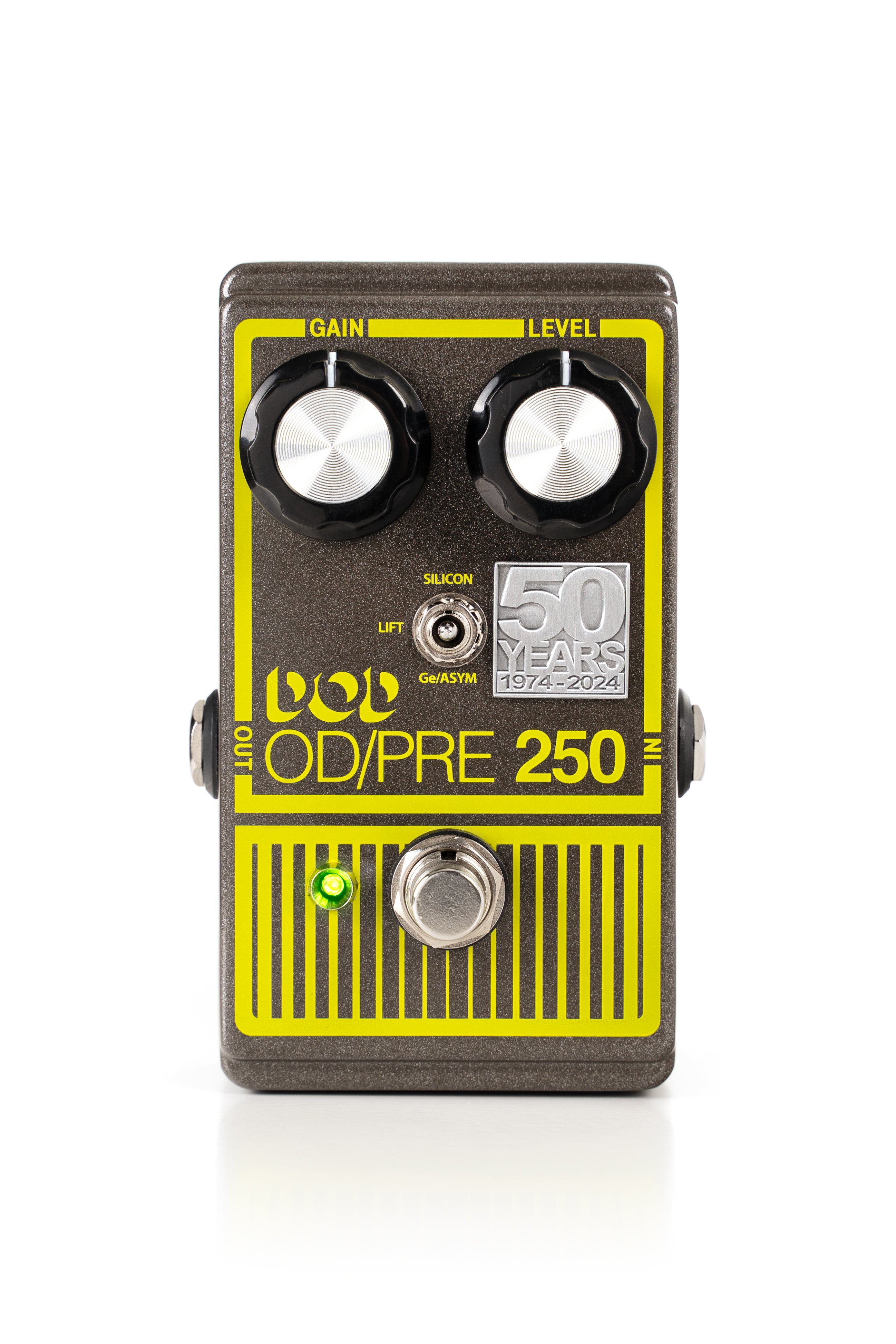 Dark metallic FX pedal with two large knobs labeled Gain and Level, a toggle switch, silver footswitch, green LED, and "OD/PRE 250 50 Years" text.