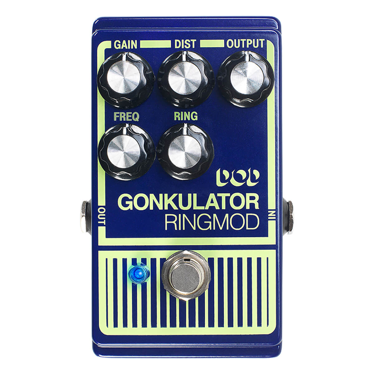 Blue effects pedal labeled DOD Gonkulator Ringmod with five black knobs for gain, distortion, output, frequency, and ring, plus a footswitch.