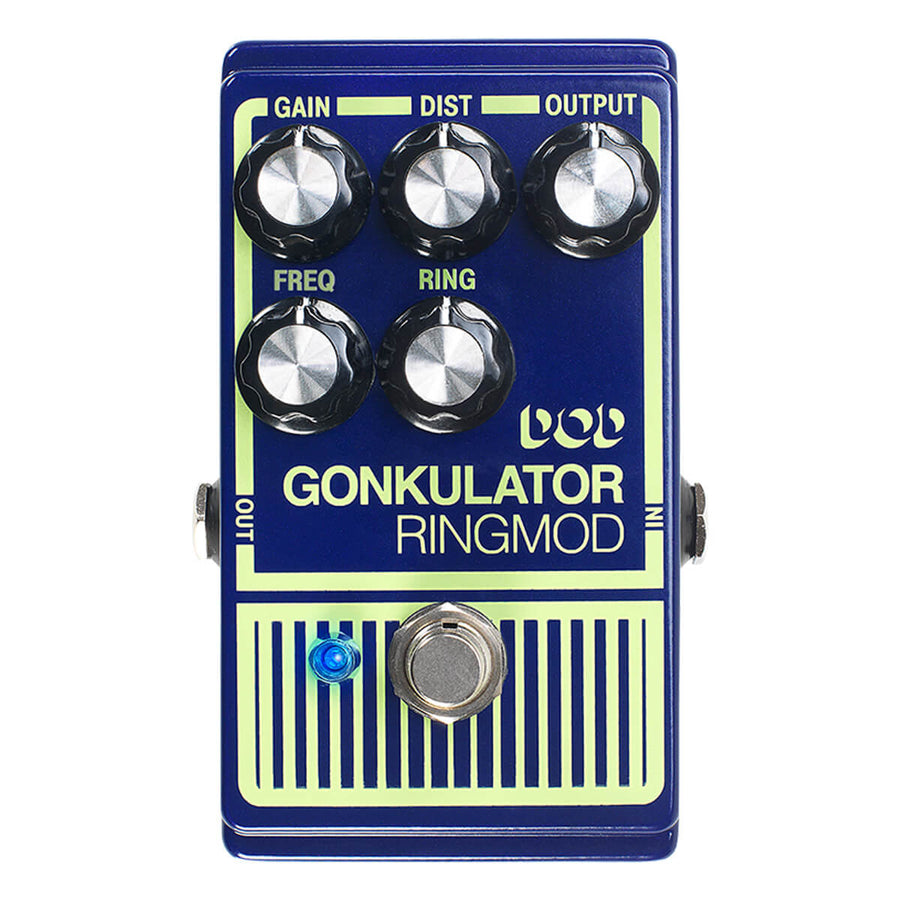 Blue effects pedal labeled DOD Gonkulator Ringmod with five black knobs for gain, distortion, output, frequency, and ring, plus a footswitch.