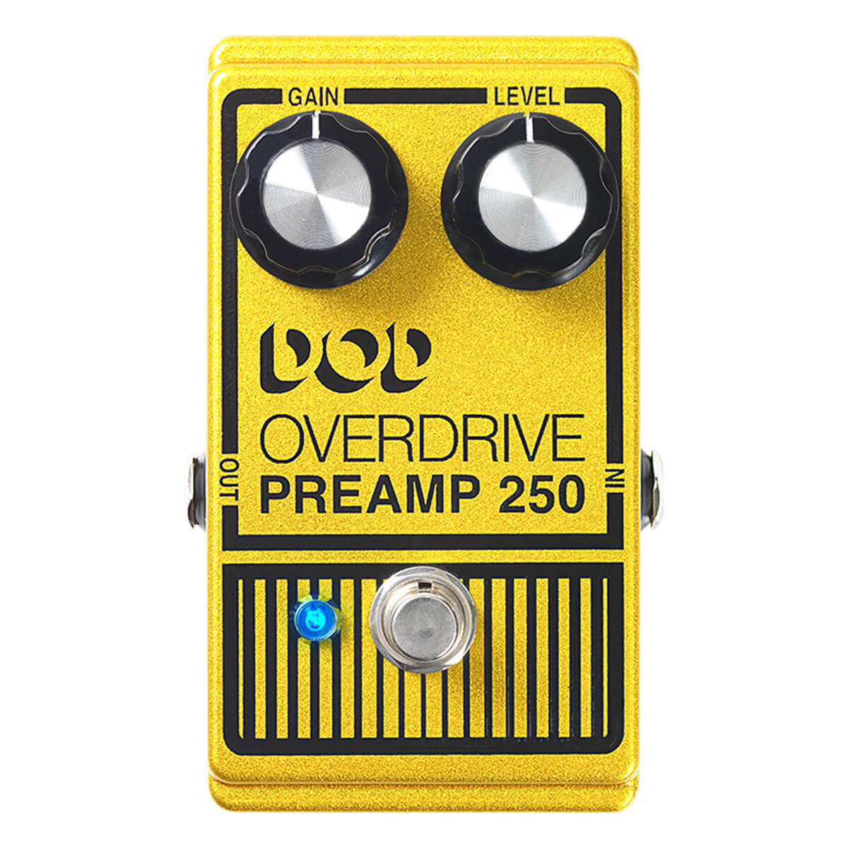 Yellow DOD Overdrive Preamp 250 effects pedal with two black knobs labeled Gain and Level, a silver footswitch, and a blue LED indicator.