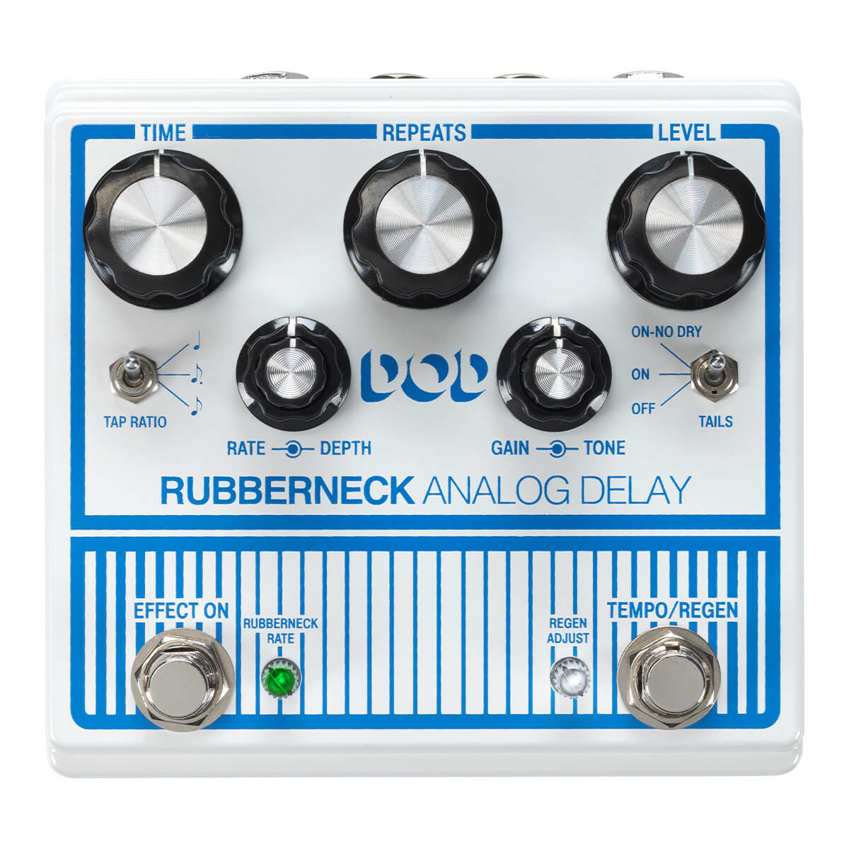 White analog delay effects pedal with six knobs, two toggle switches, two footswitches, and blue labeling; labeled "Rubberneck Analog Delay."