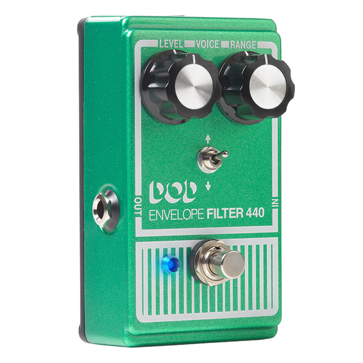 Green DOD Envelope Filter 440 effects pedal with two large knobs, a small toggle switch, a silver footswitch, and side input/output jacks.