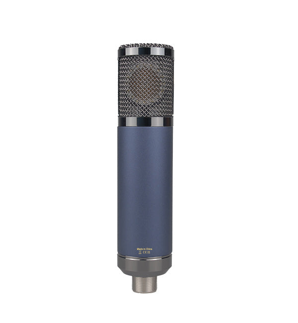 Large-diaphragm condenser microphone with a metallic mesh grille on top and a matte dark blue cylindrical body, designed for professional audio recording.