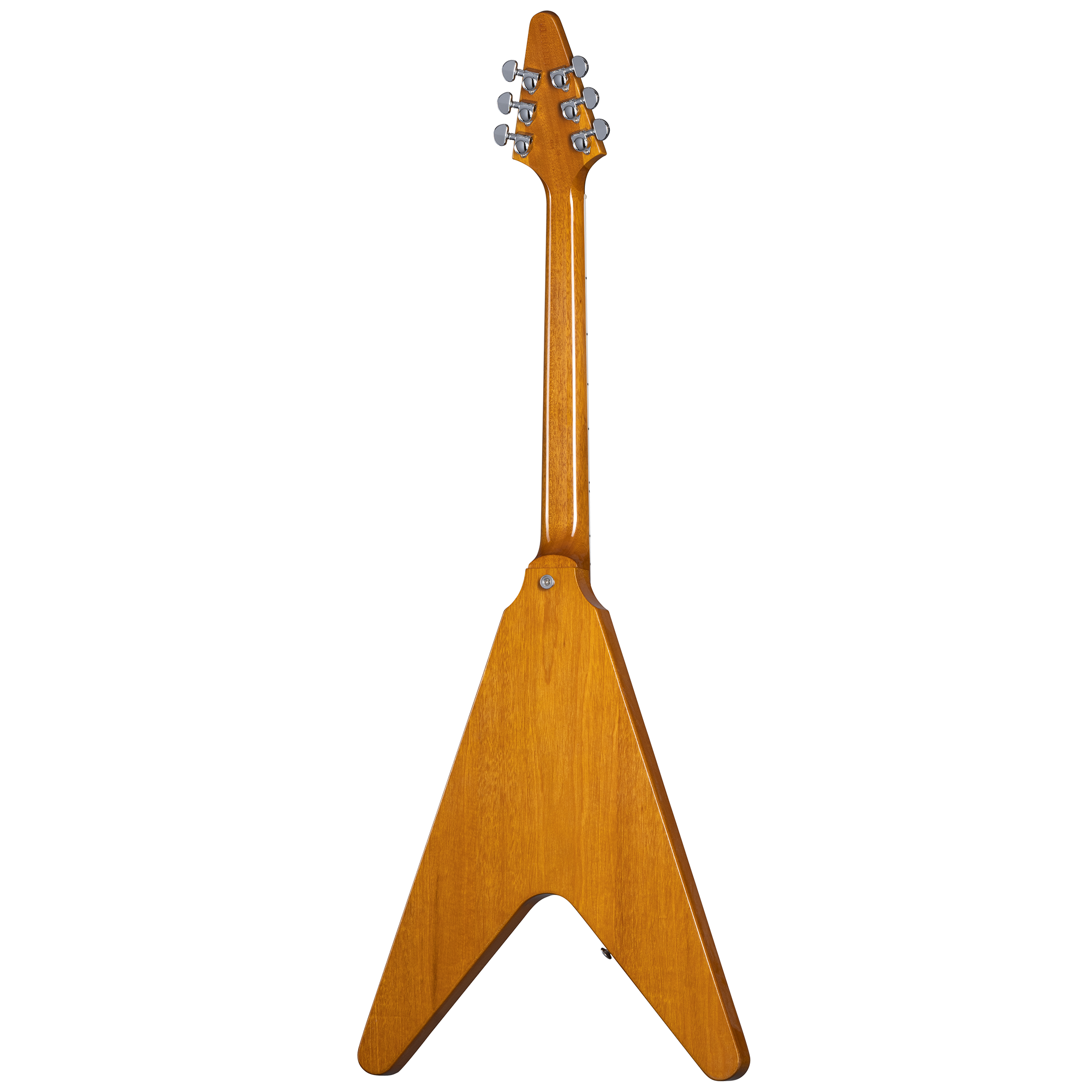 Electric guitar viewed from the back, natural wood finish, V-shaped body, six tuning pegs visible on the headstock.