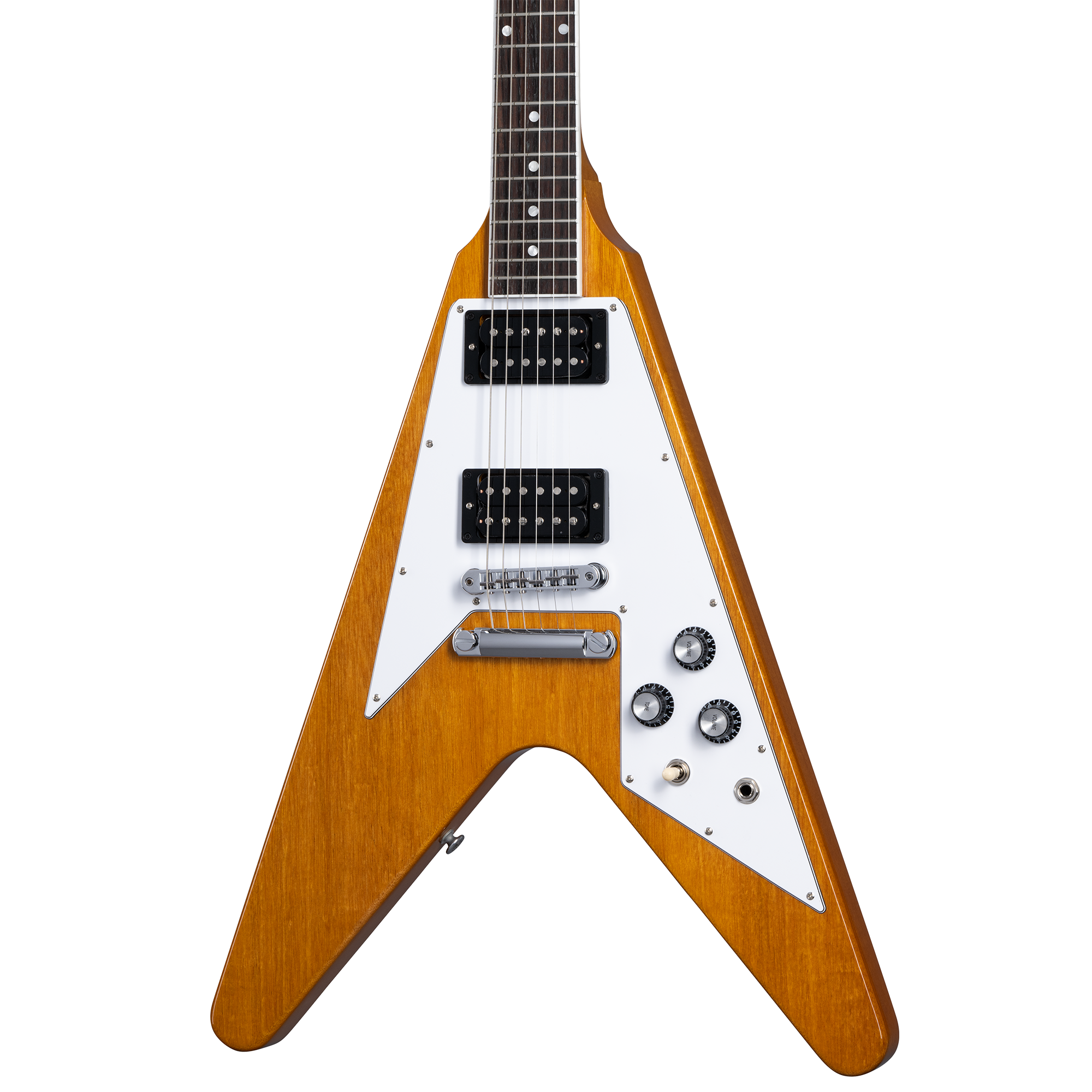 Electric guitar with a V-shaped natural wood body, white pickguard, two black humbucker pickups, three control knobs, and a toggle switch.