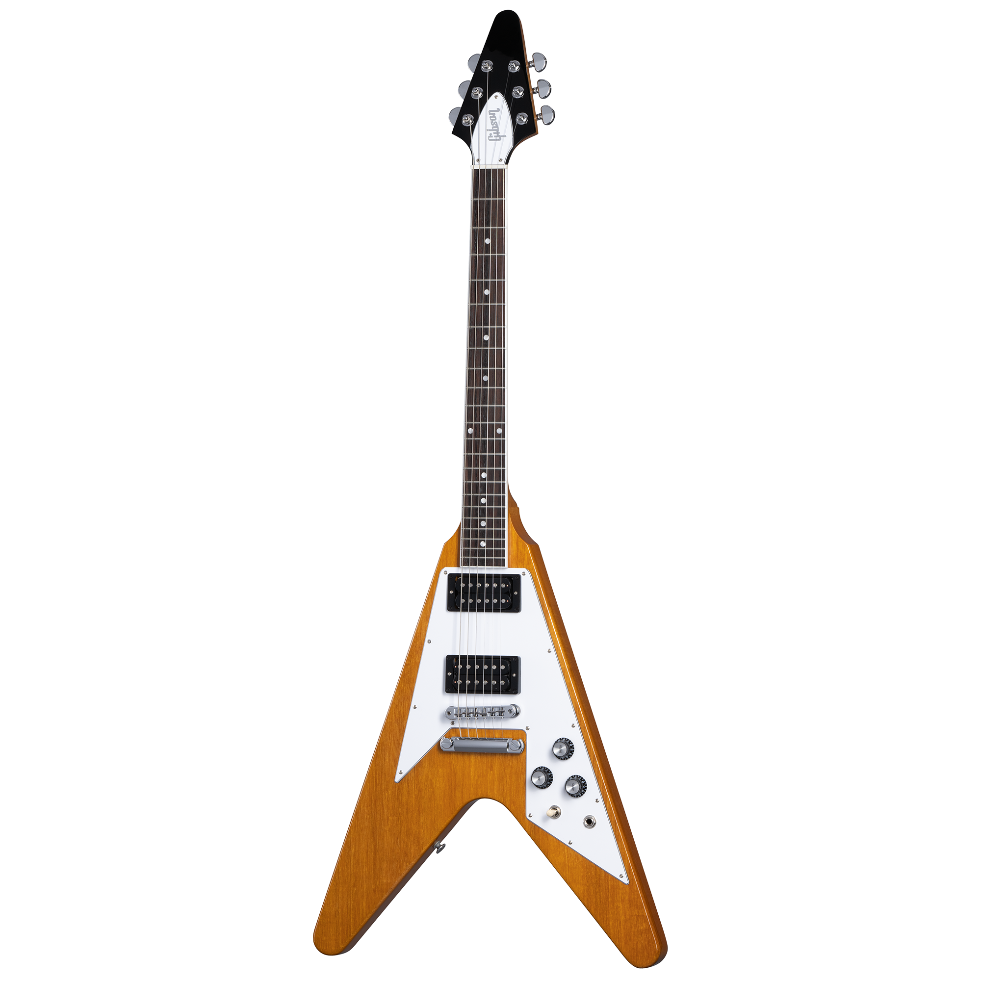 Flying V style electric guitar with a natural wood finish, white pickguard, two humbucker pickups, and black hardware.