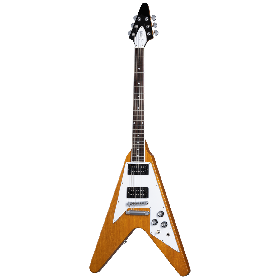 Flying V style electric guitar with a natural wood finish, white pickguard, two humbucker pickups, and black hardware.