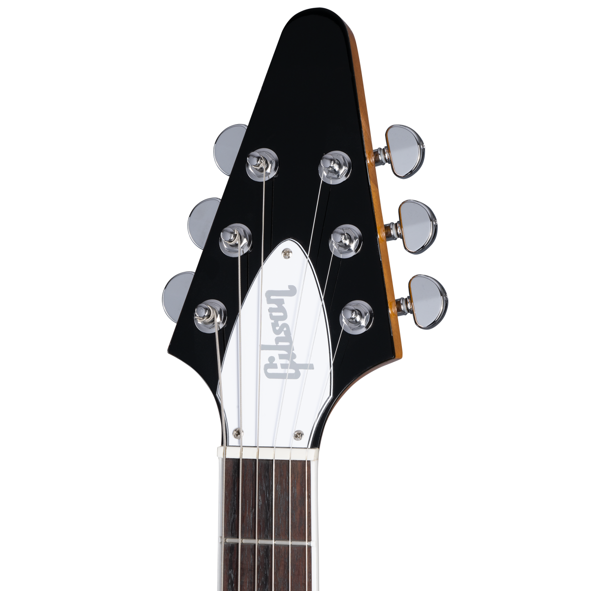 Electric guitar headstock with six silver tuning pegs, black finish, and a white truss rod cover displaying the Gibson logo.