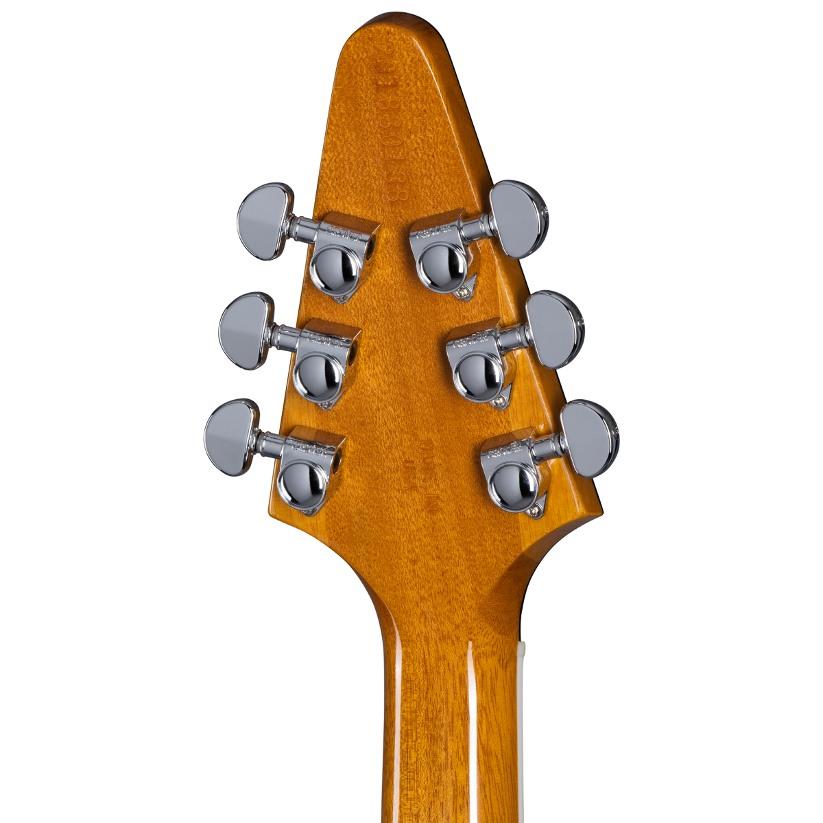 Six chrome tuning pegs are mounted on the back of a natural wood electric guitar headstock.