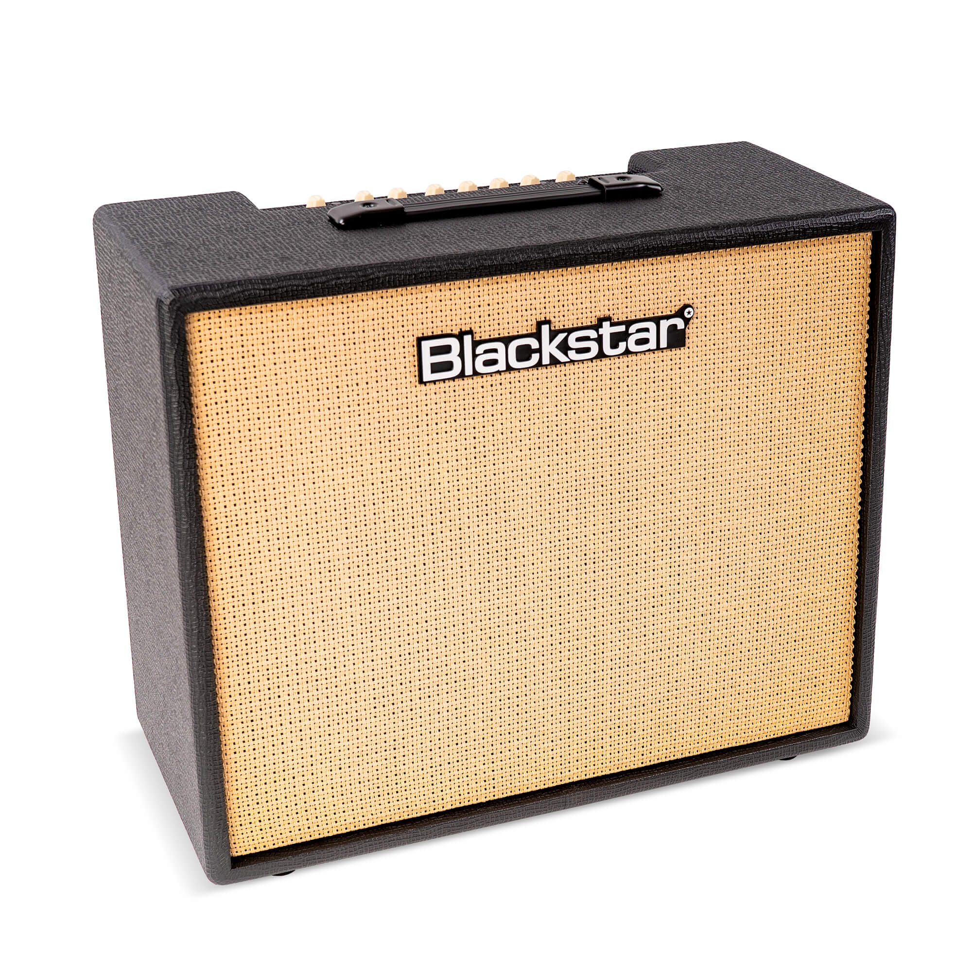 Blackstar amplifier with a beige woven front panel, black textured casing, and control knobs on top. The Blackstar logo is centered on the front.