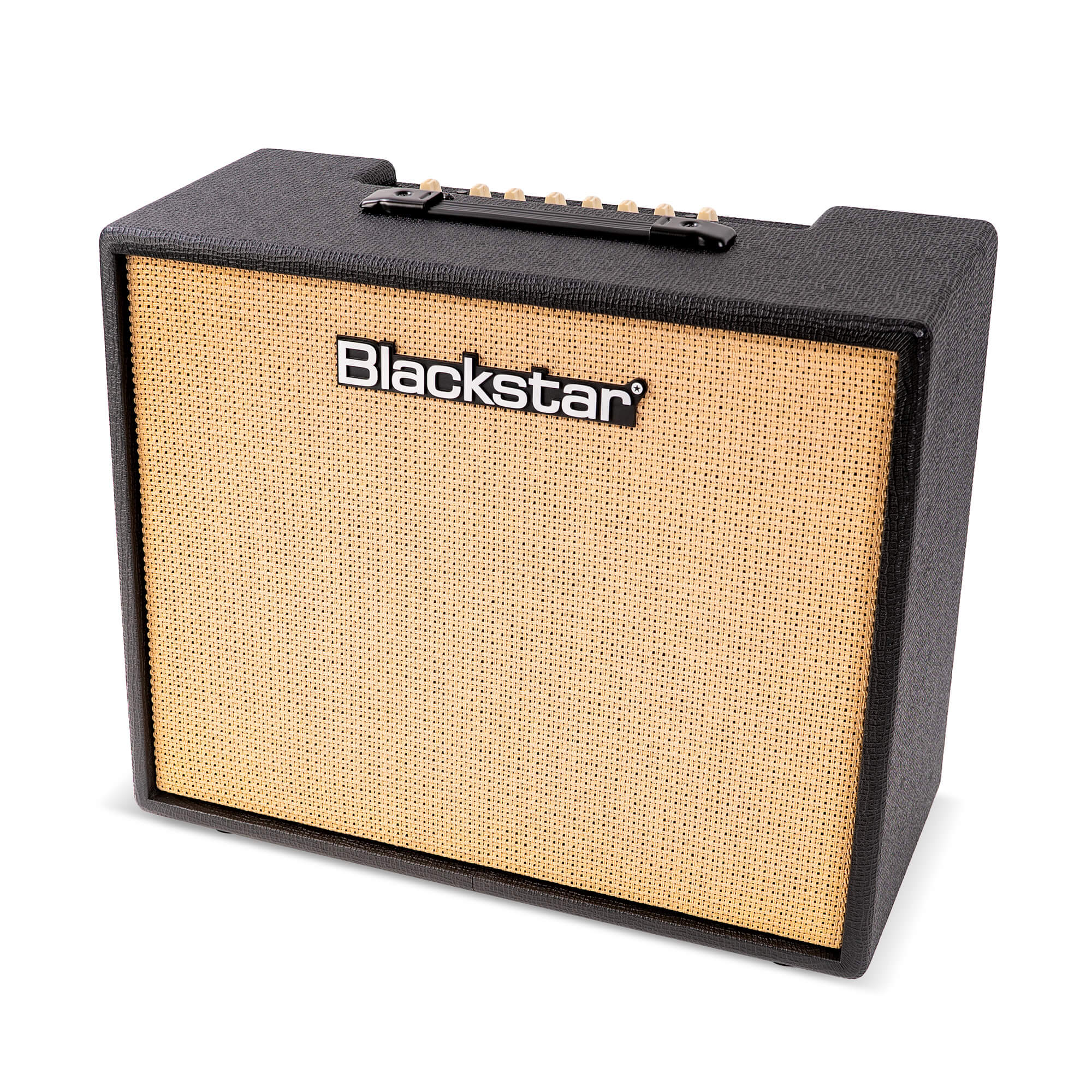 Blackstar amplifier with black casing, beige speaker grille, and a black carrying handle on top, control knobs visible behind the handle.