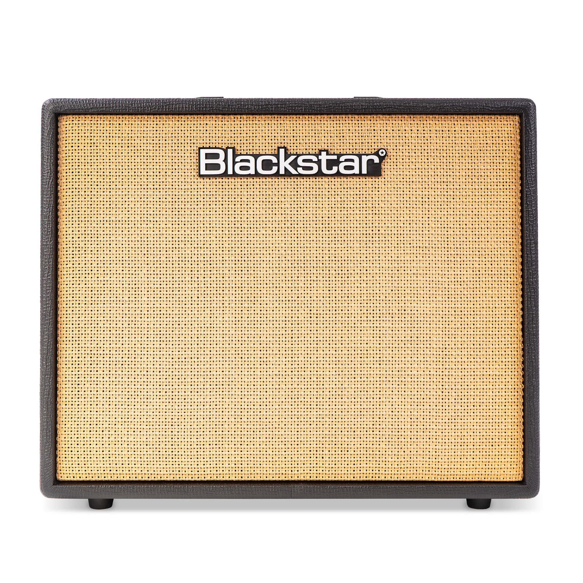 Rectangular Blackstar amplifier with a tan woven grille and black border, logo in white letters on the upper front panel.