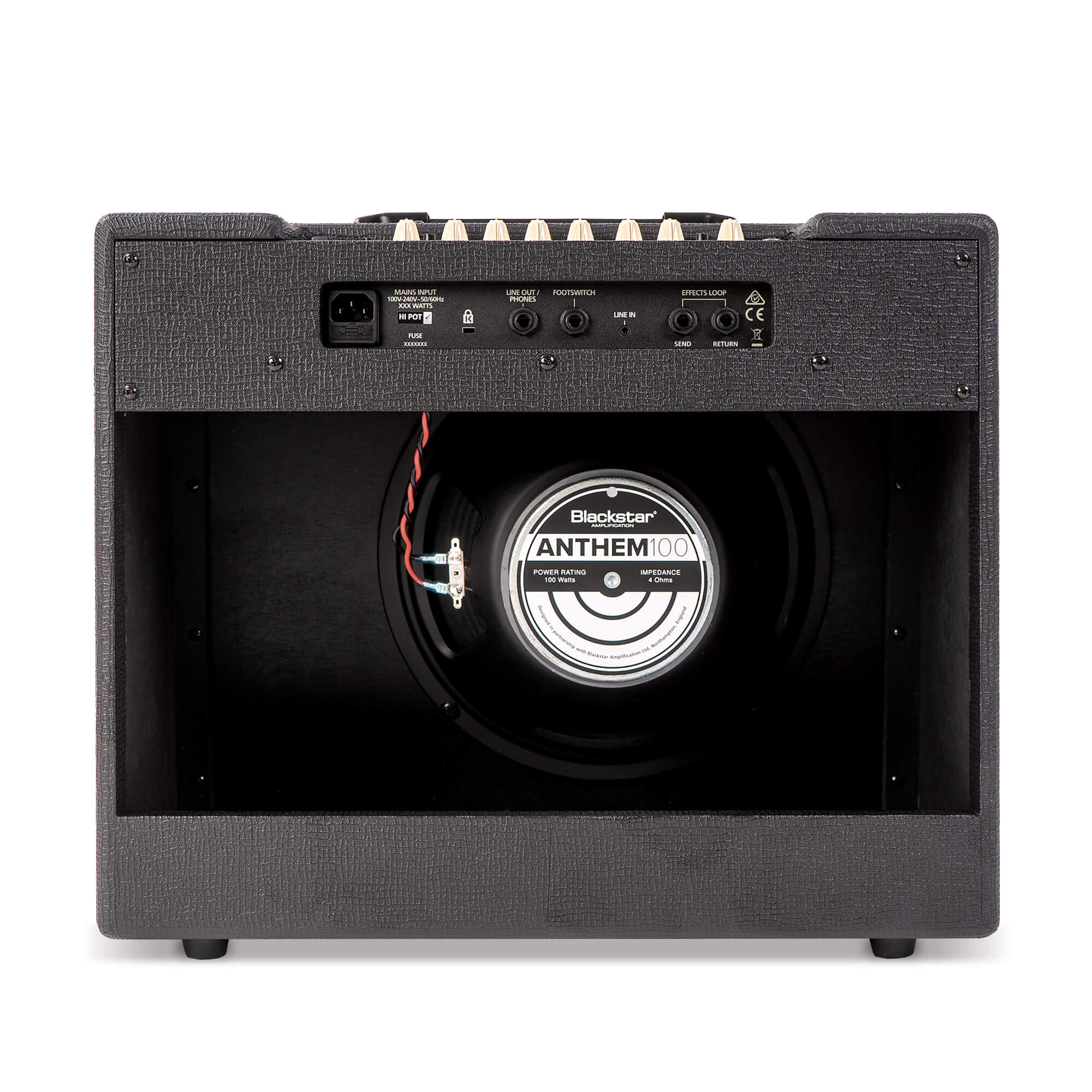 Rear view of a Blackstar amplifier shows control panel, power input, and a large Anthem 100 speaker with visible wiring inside the open back.