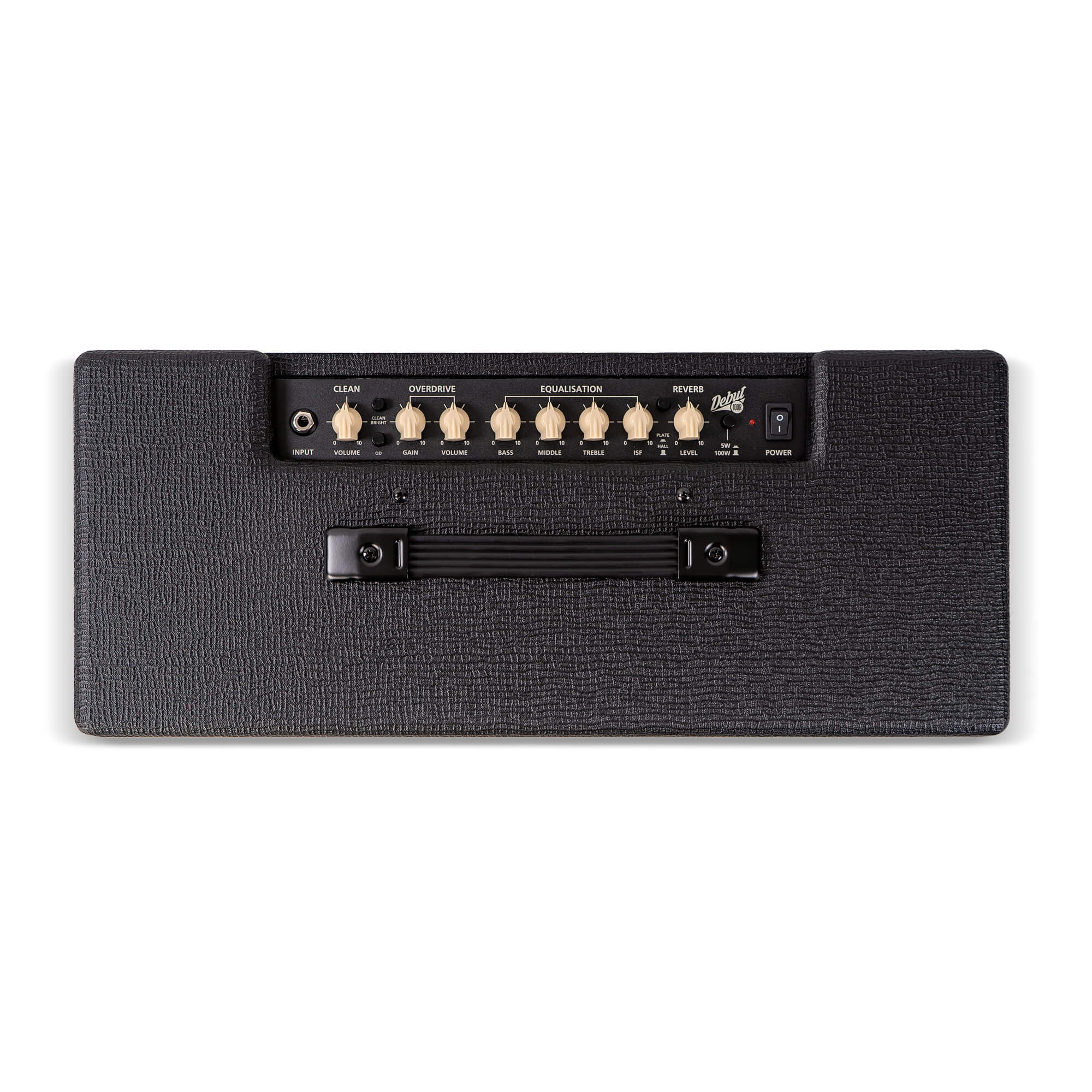 Black amplifier top panel with cream knobs for clean, overdrive, equalisation, reverb, a single input jack, power switch, and a black carrying handle.