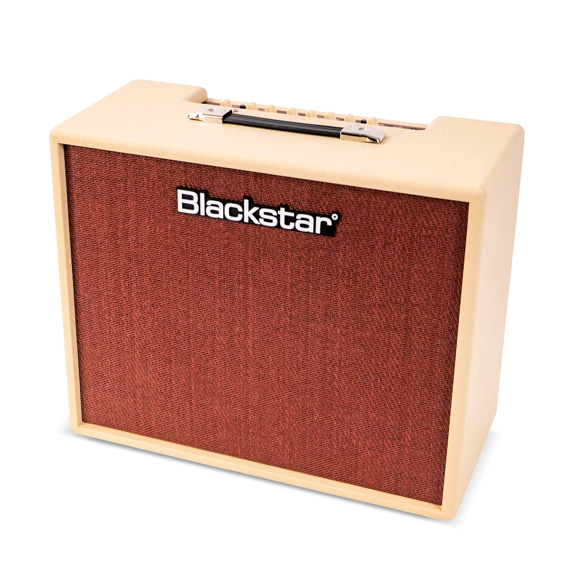 Cream-colored Blackstar amplifier with a red-brown fabric front panel and a black carrying handle on top.