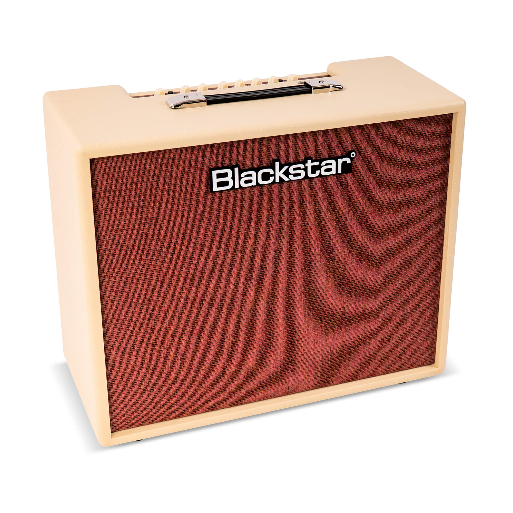 Cream-colored Blackstar amplifier with a textured red-brown front grille and a black carry handle on top.