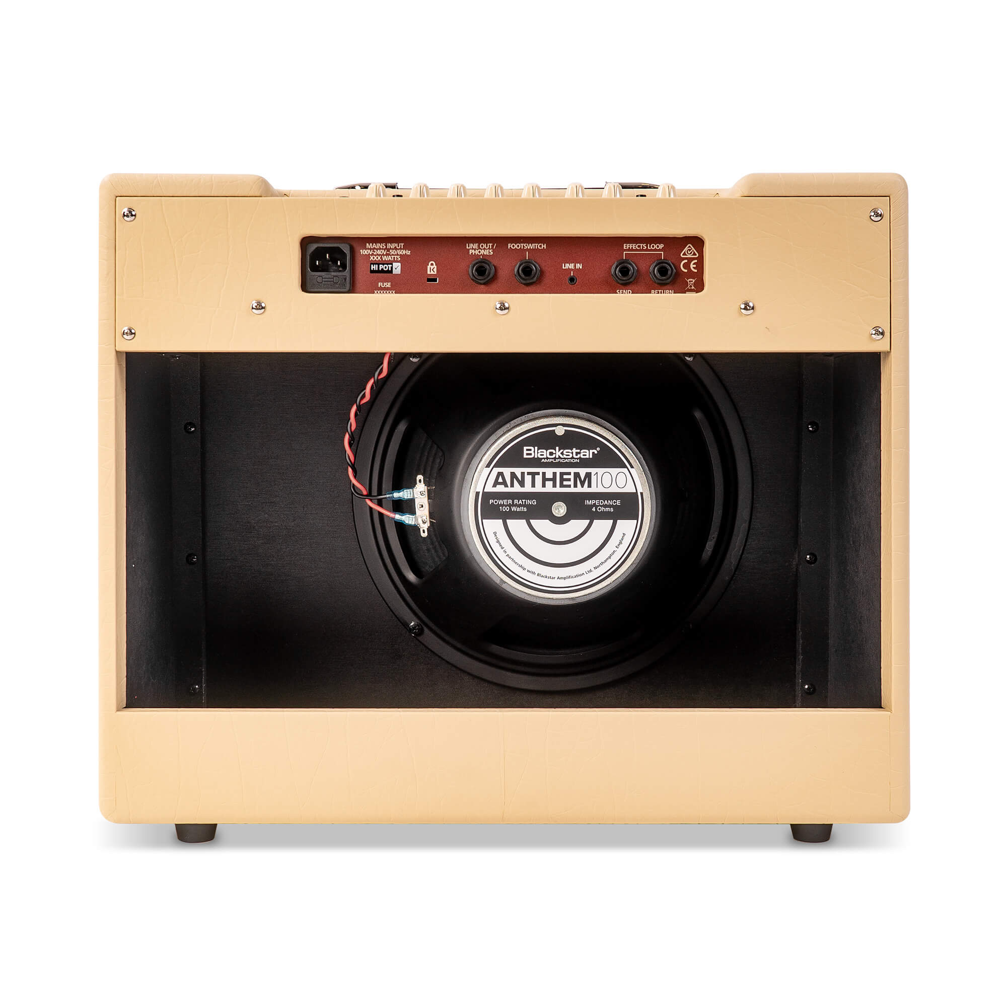 Tan guitar amplifier rear view showing Blackstar Anthem 100 speaker, control panel with inputs, and open back exposing internal wiring.