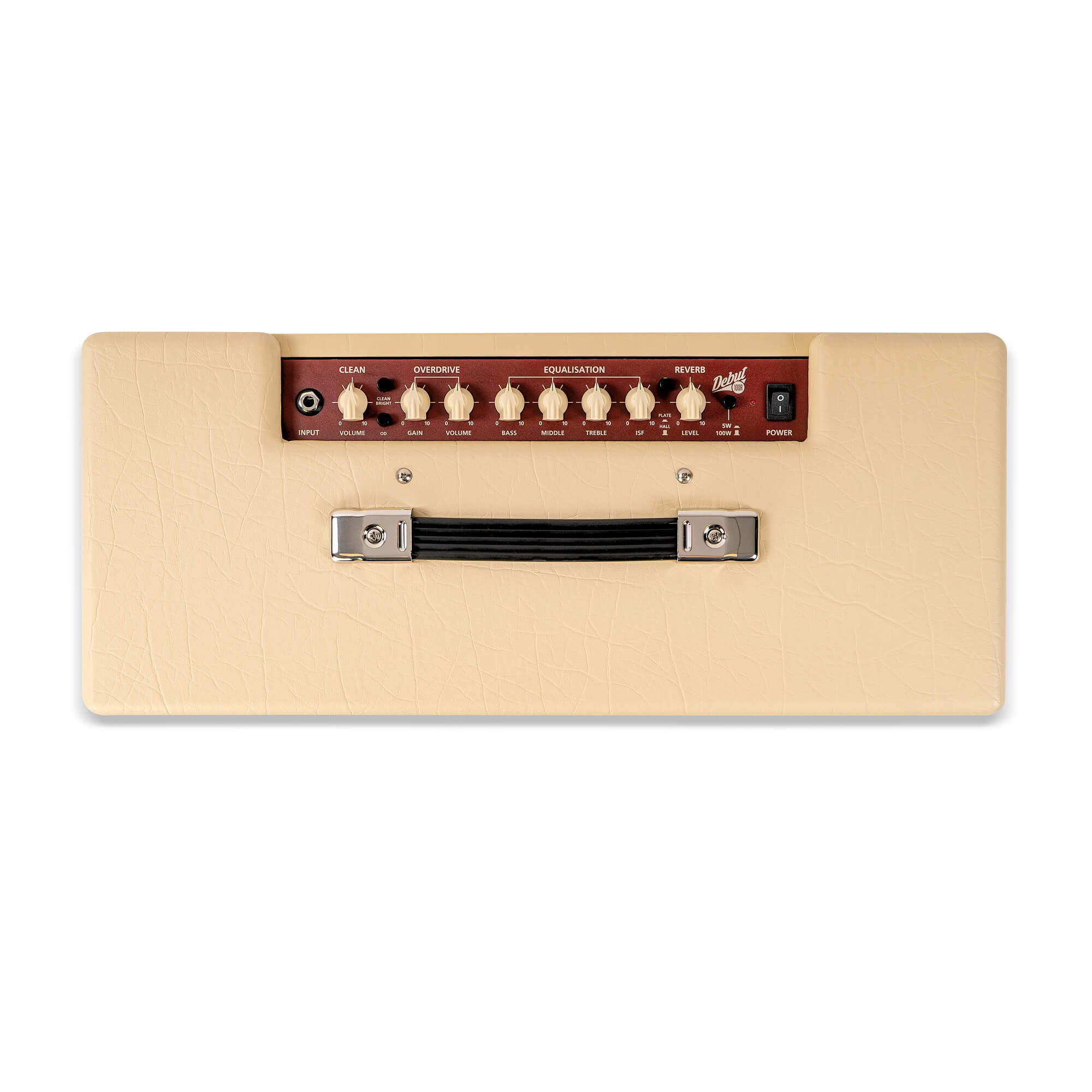Cream-colored amplifier top panel with brown control section, six cream knobs, black handle, power switch, and labeled input and function controls.