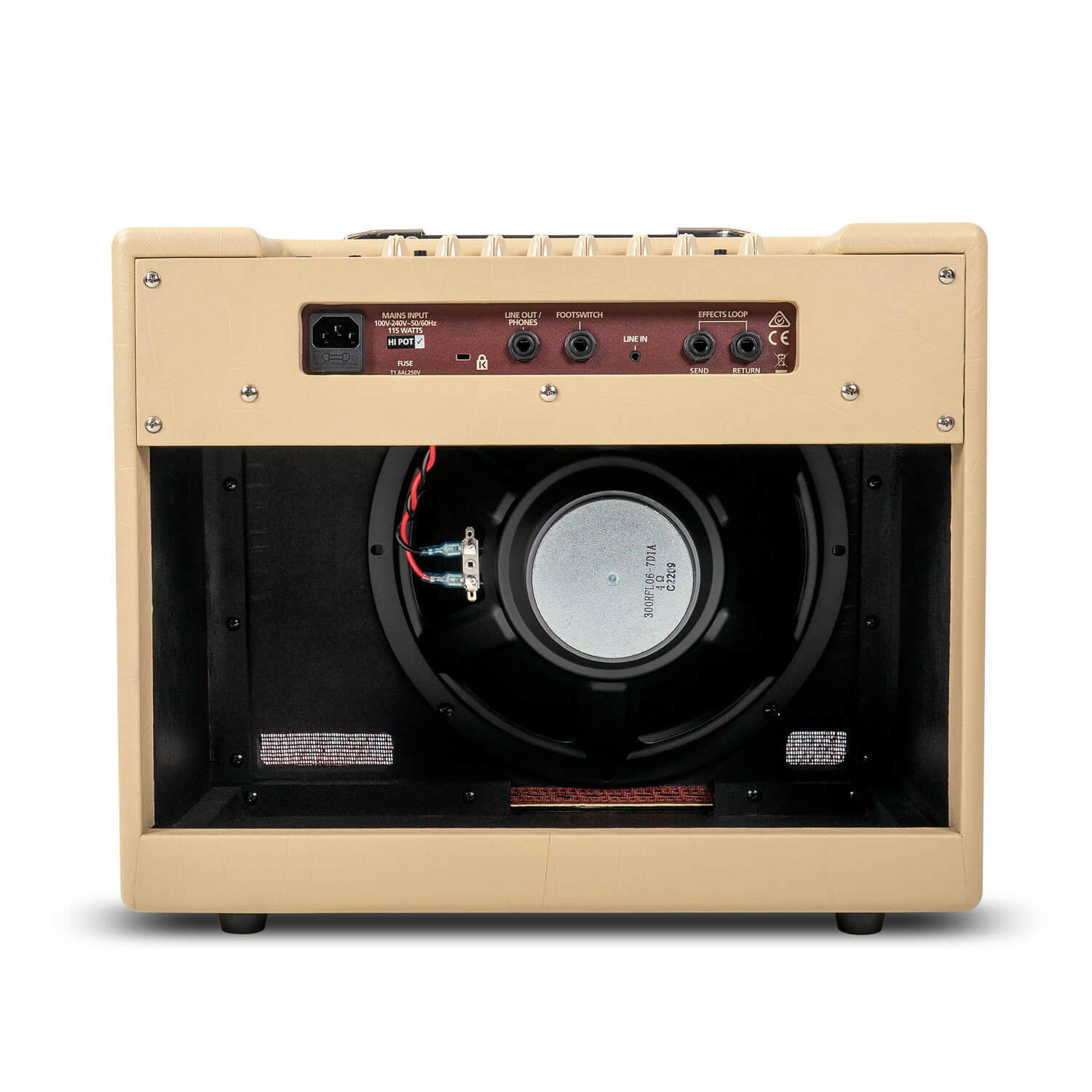 Beige amplifier shown from the back, revealing a large speaker, power input, effects loop, footswitch, line out, and other connection jacks on the top panel.