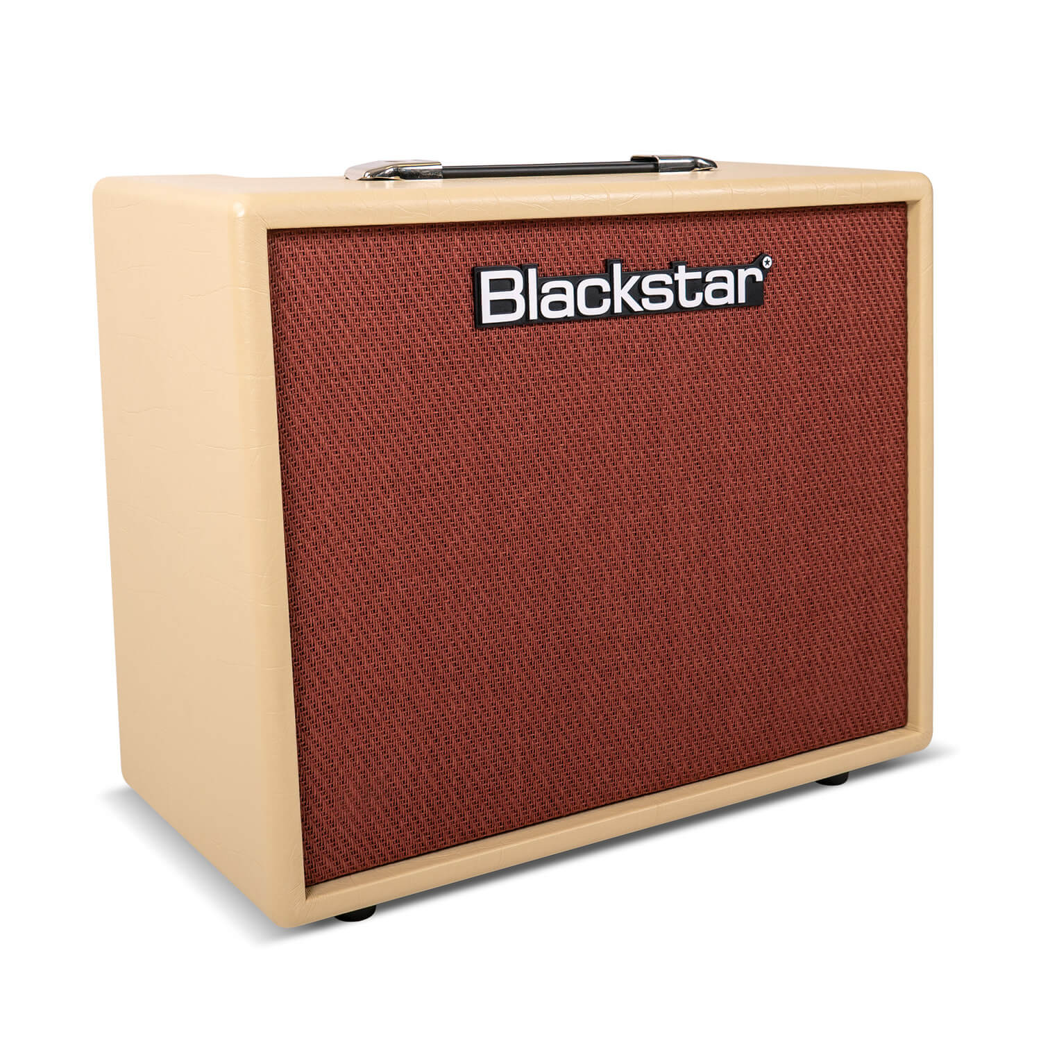Cream-colored Blackstar amplifier with a textured red speaker grill and a black carrying handle on top. Rectangular with rounded edges.